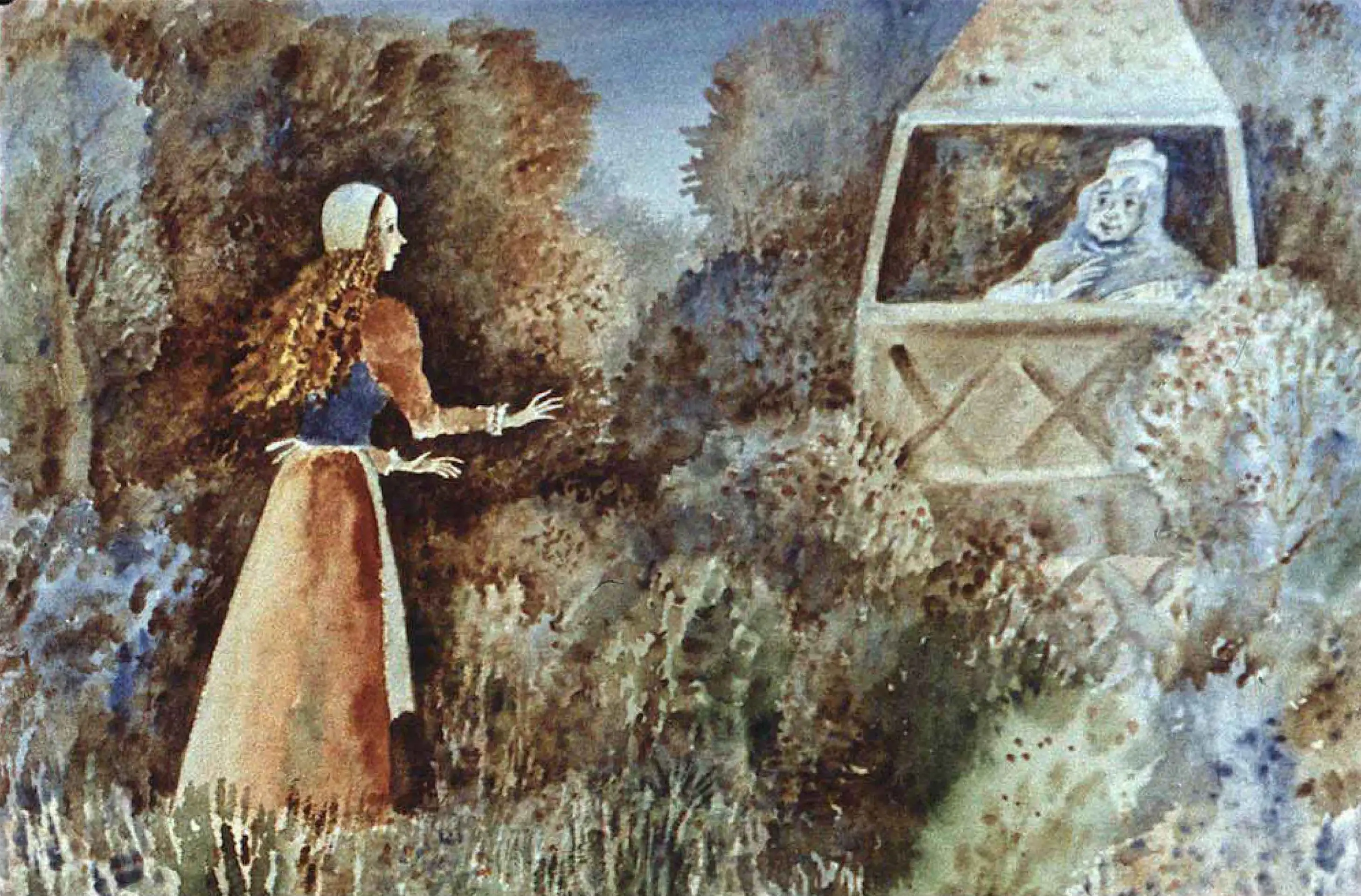 Ilustrație cu o fată care caută un fus și întâlnește o bătrână, având un peisaj natural în fundal.