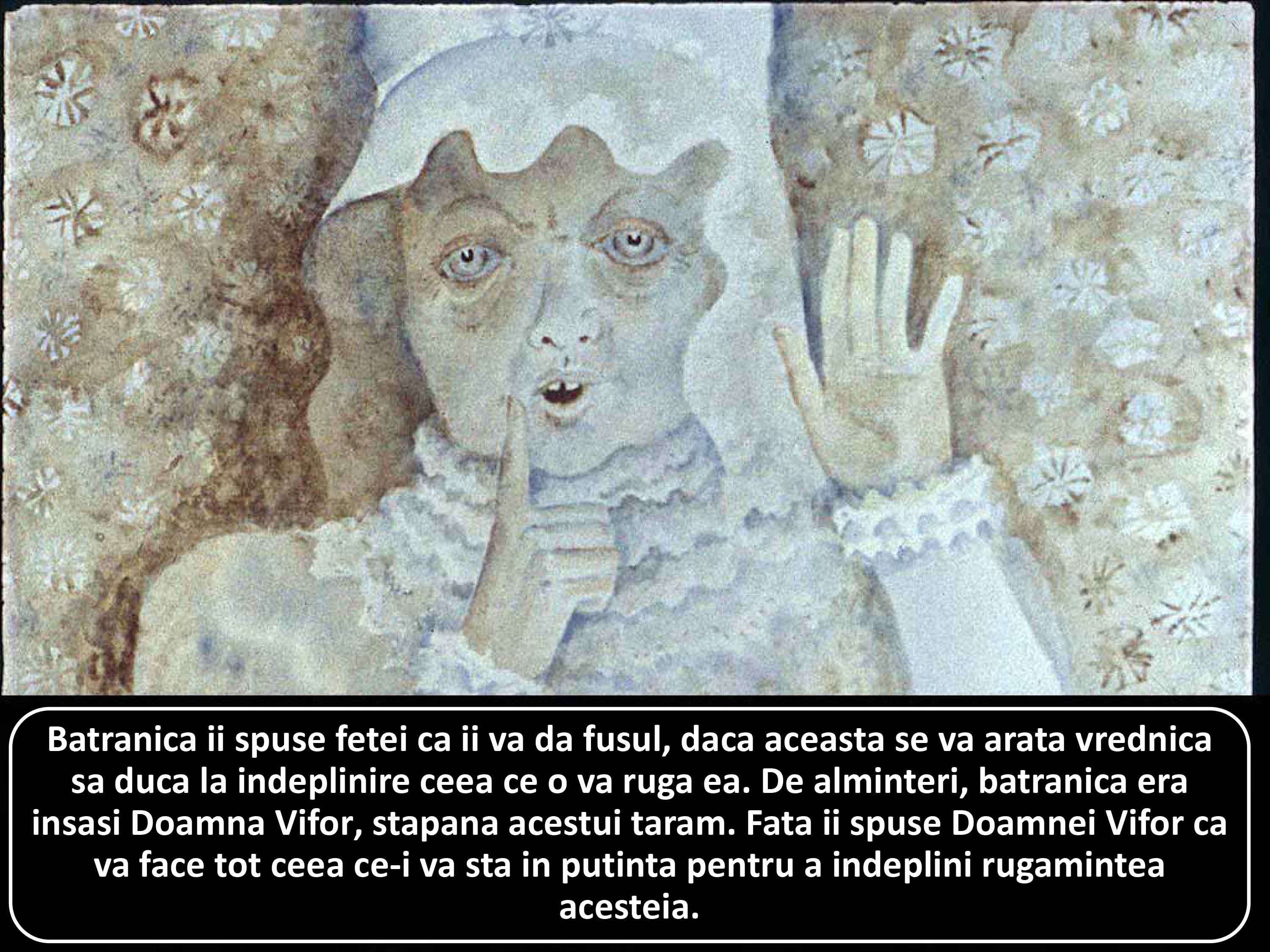 Ilustrație a unei bătrânici care vorbește cu o tânără, într-un context magic, transmițând o solicitare importantă.