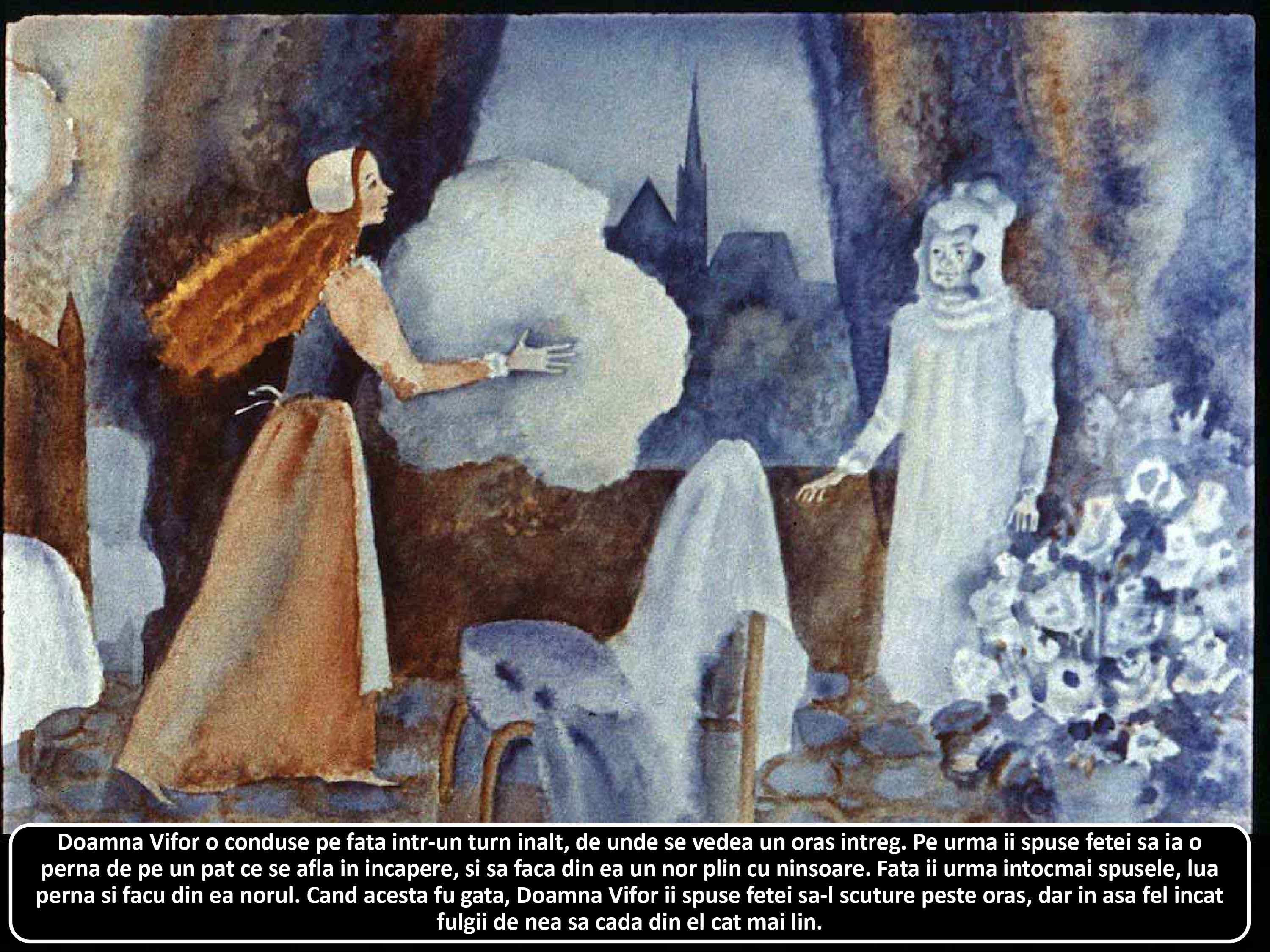 Ilustrație cu Doamna Vifor care îi arată fetiței un oraș de la fereastră, în timp ce aceasta transformă o pernă într-un nor de ninsoare.