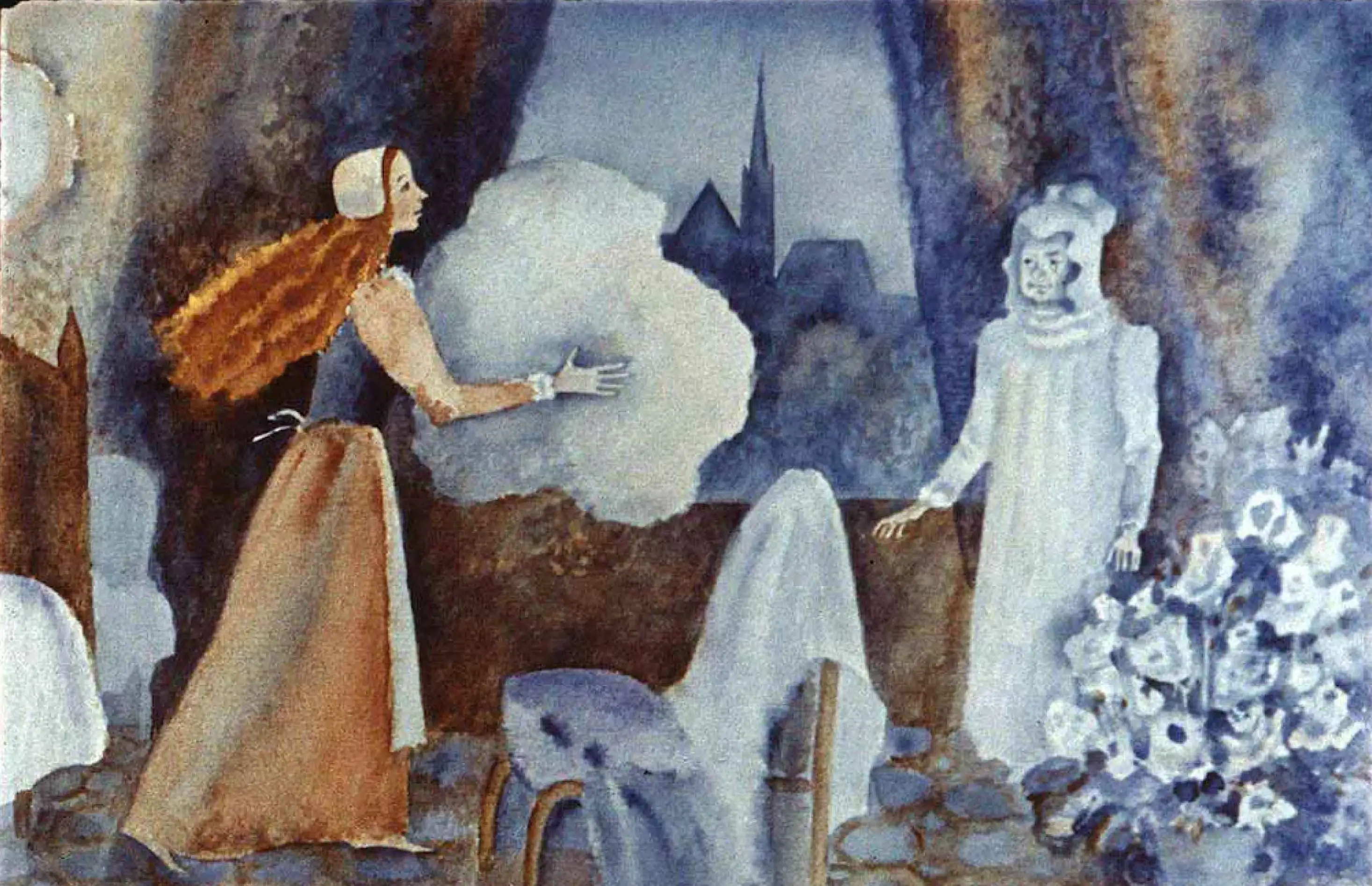 Ilustrație cu Doamna Vifor care îi arată fetiței un oraș de la fereastră, în timp ce aceasta transformă o pernă într-un nor de ninsoare.