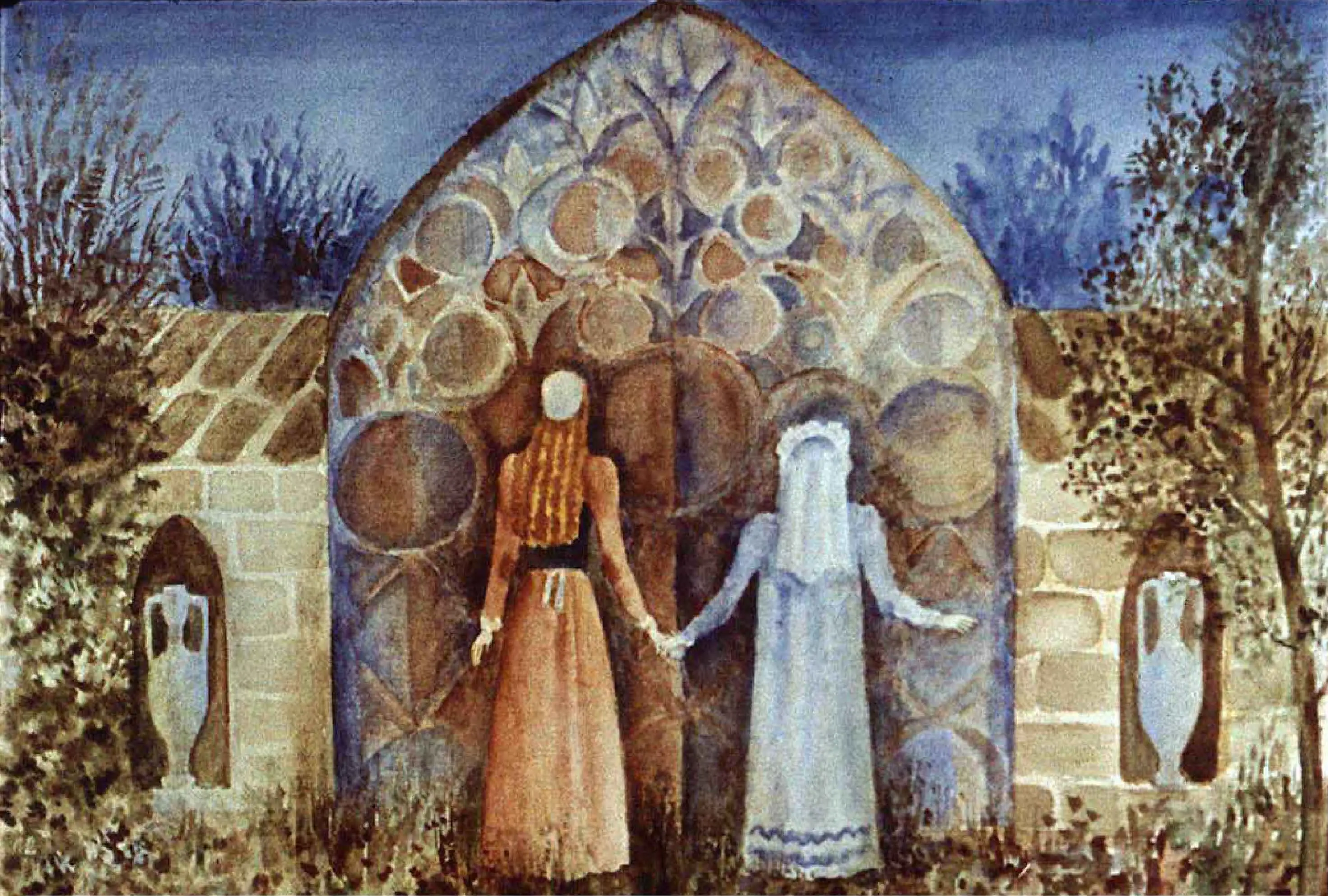 Ilustrație cu două femei în fața unei porți mari, într-o grădină, sugerând o poveste epică.