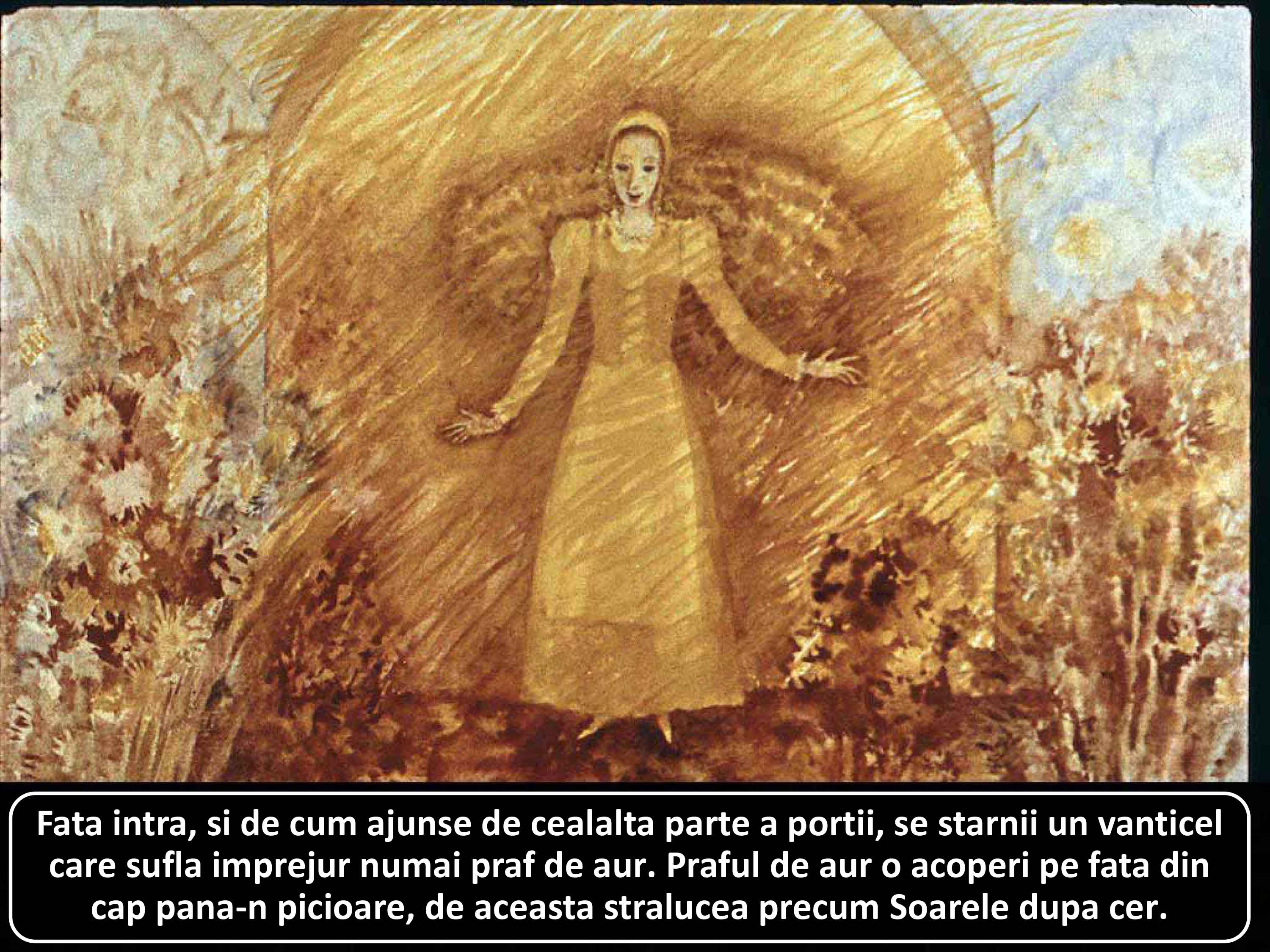 O descriere a unei fete care intră printr-o poartă, înconjurată de praf de aur.