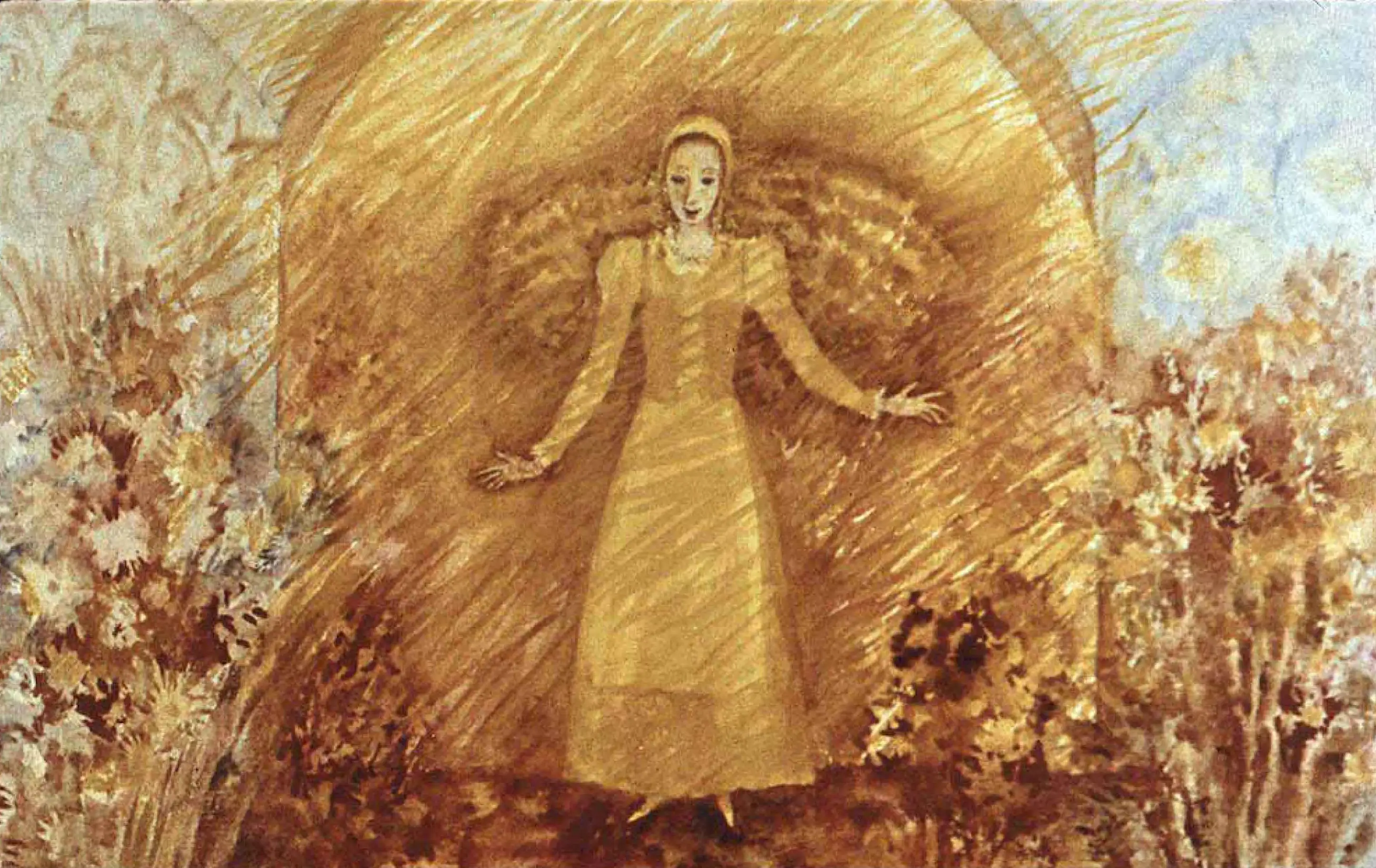 O descriere a unei fete care intră printr-o poartă, înconjurată de praf de aur.