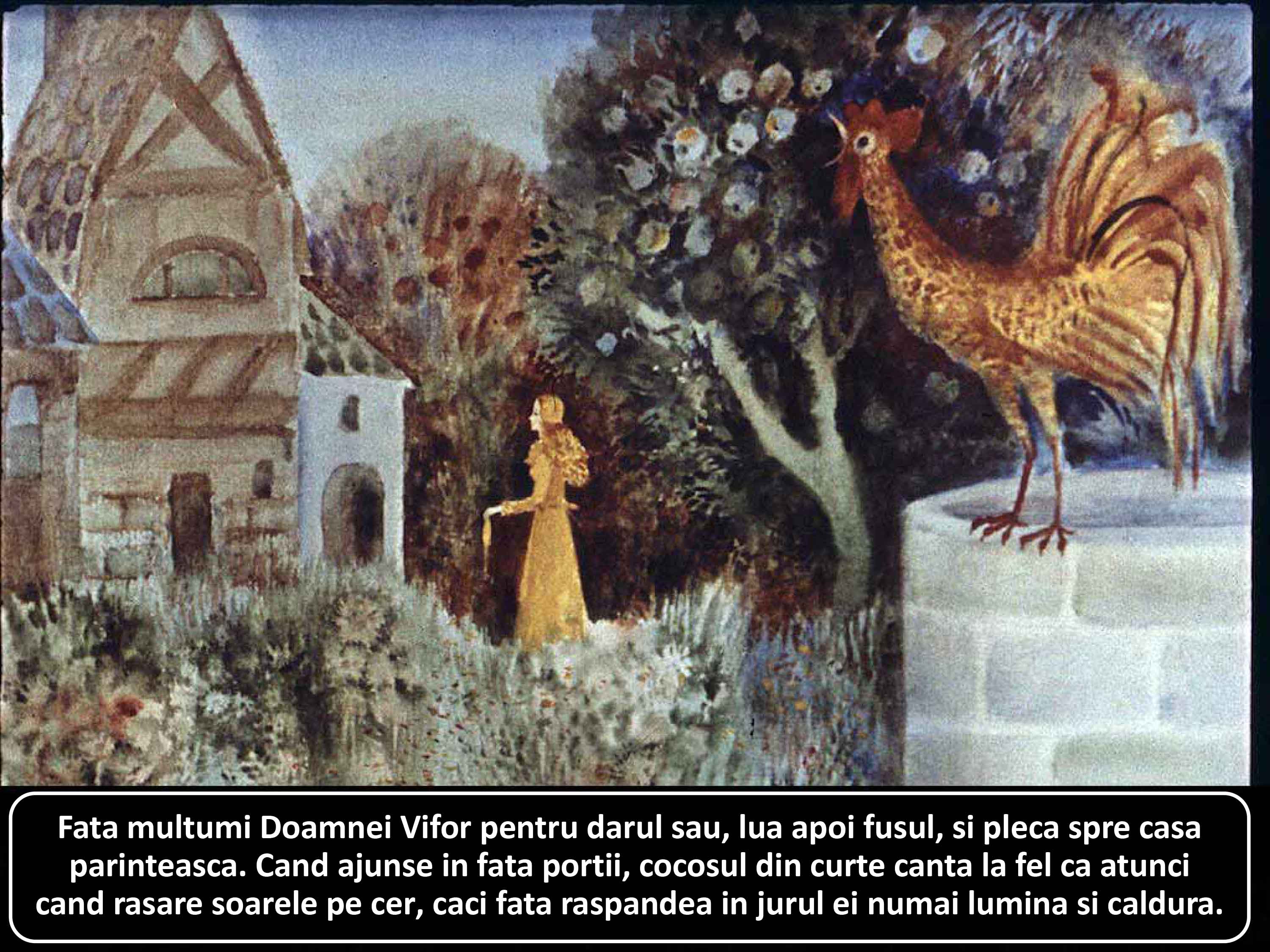 Imagine reprezentand o fata care multumeste unei doamne, in fata unei case, cu un cocos in apropiere.