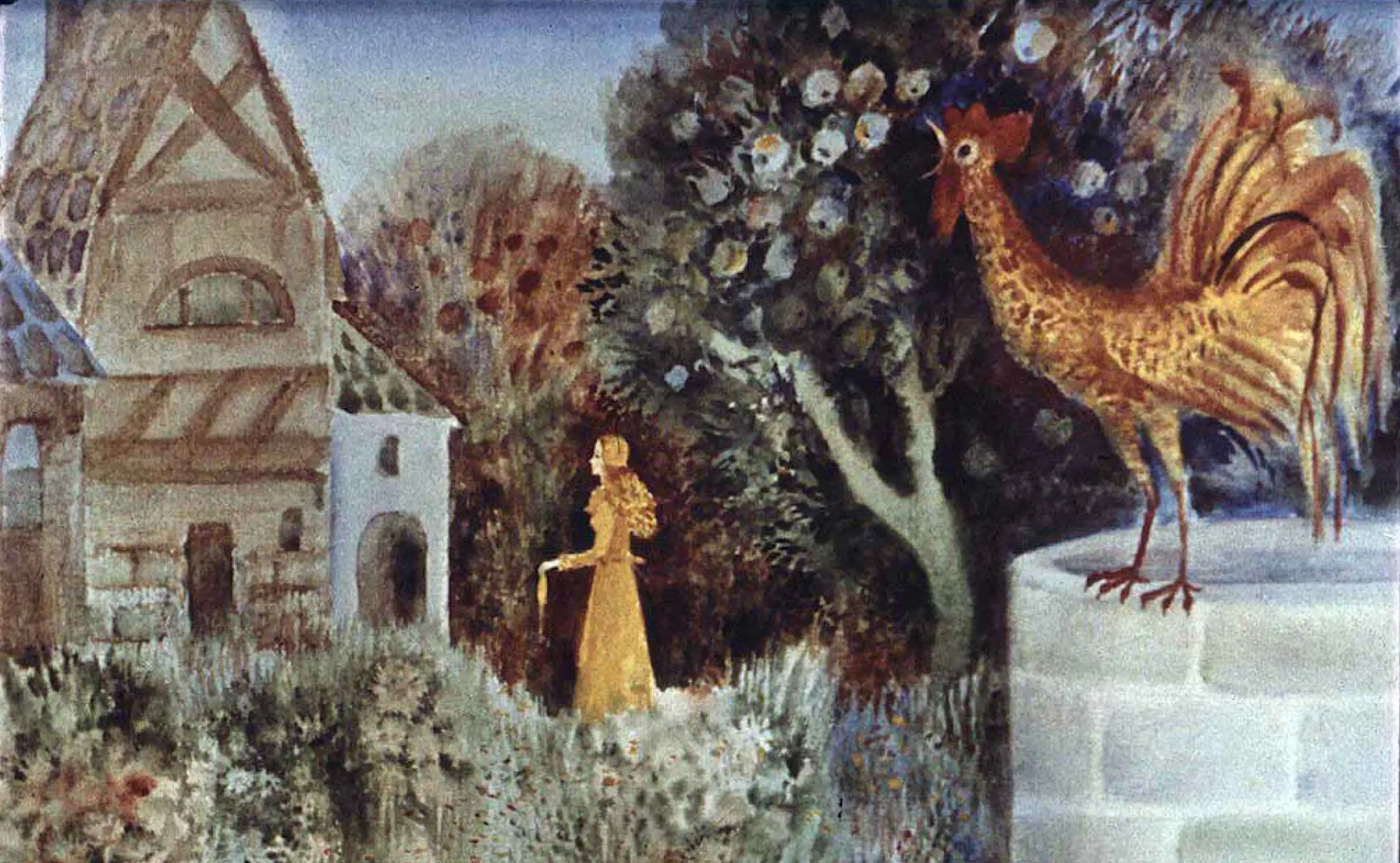 Imagine reprezentand o fata care multumeste unei doamne, in fata unei case, cu un cocos in apropiere.