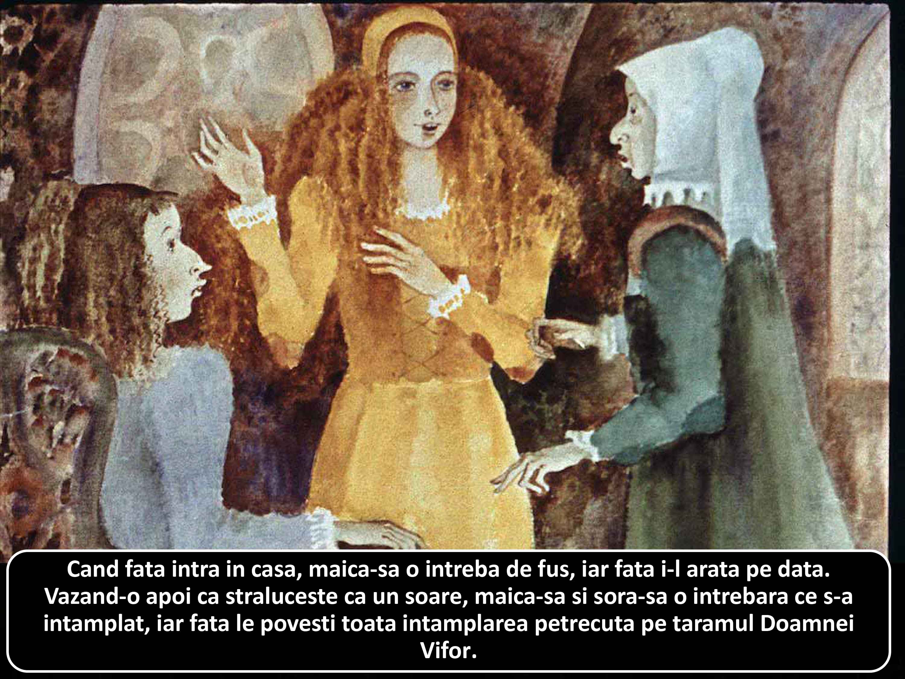 Ilustrație cu trei femei într-o scenă de discuție, una dintre ele povestind despre o întâmplare.