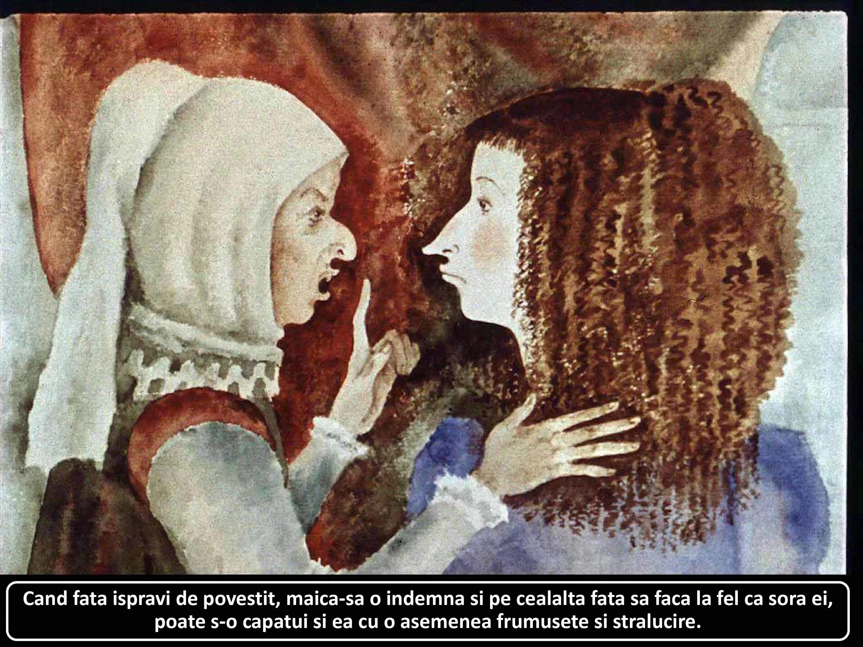 Ilustrație artistică cu două femei, una vorbind către cealaltă, reflectând un moment de conversație și îndrumare.