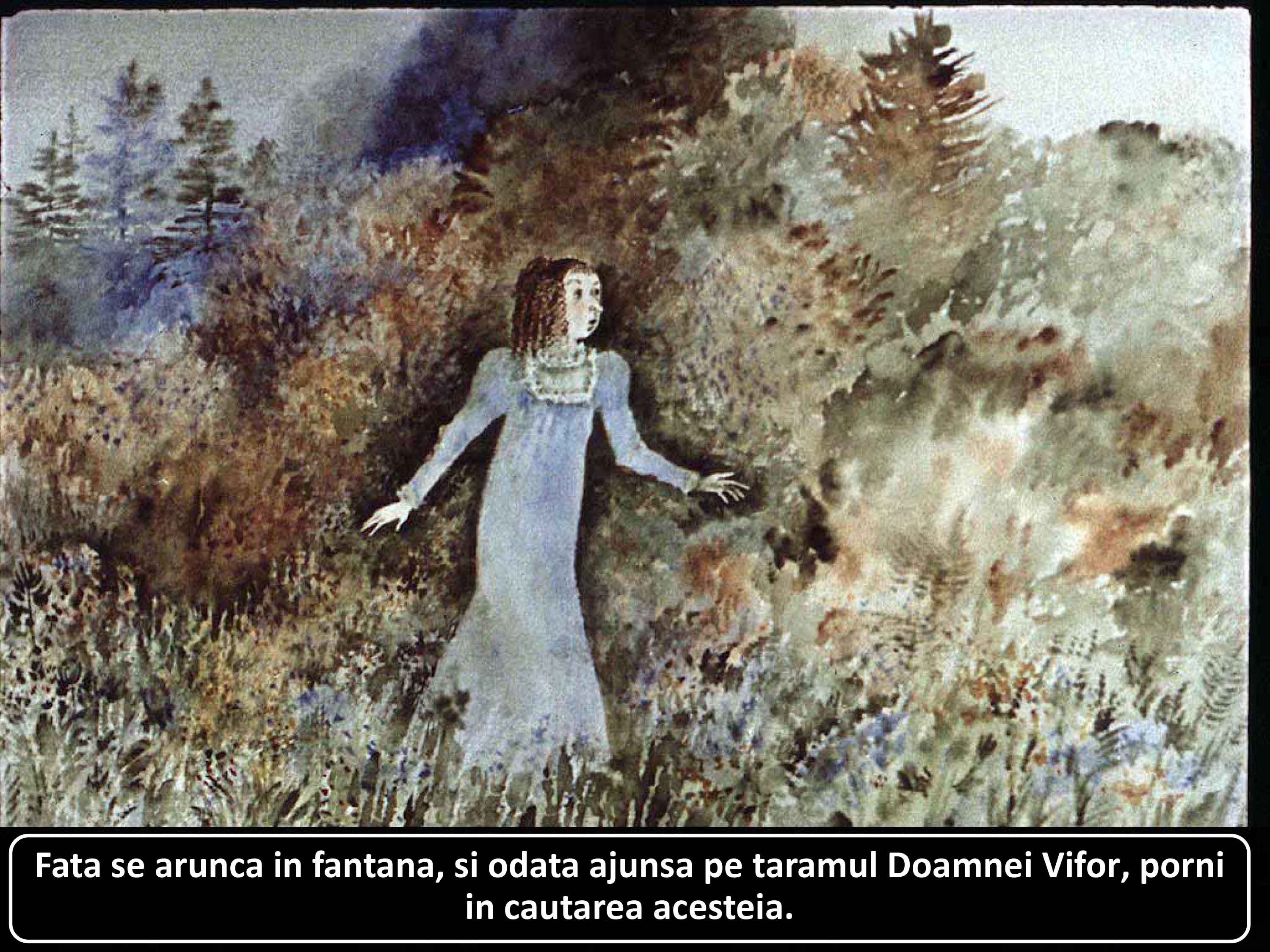 Ilustrație cu o fată într-un peisaj de pădure, în căutarea unei doamne, după ce a sărit într-o fântână.