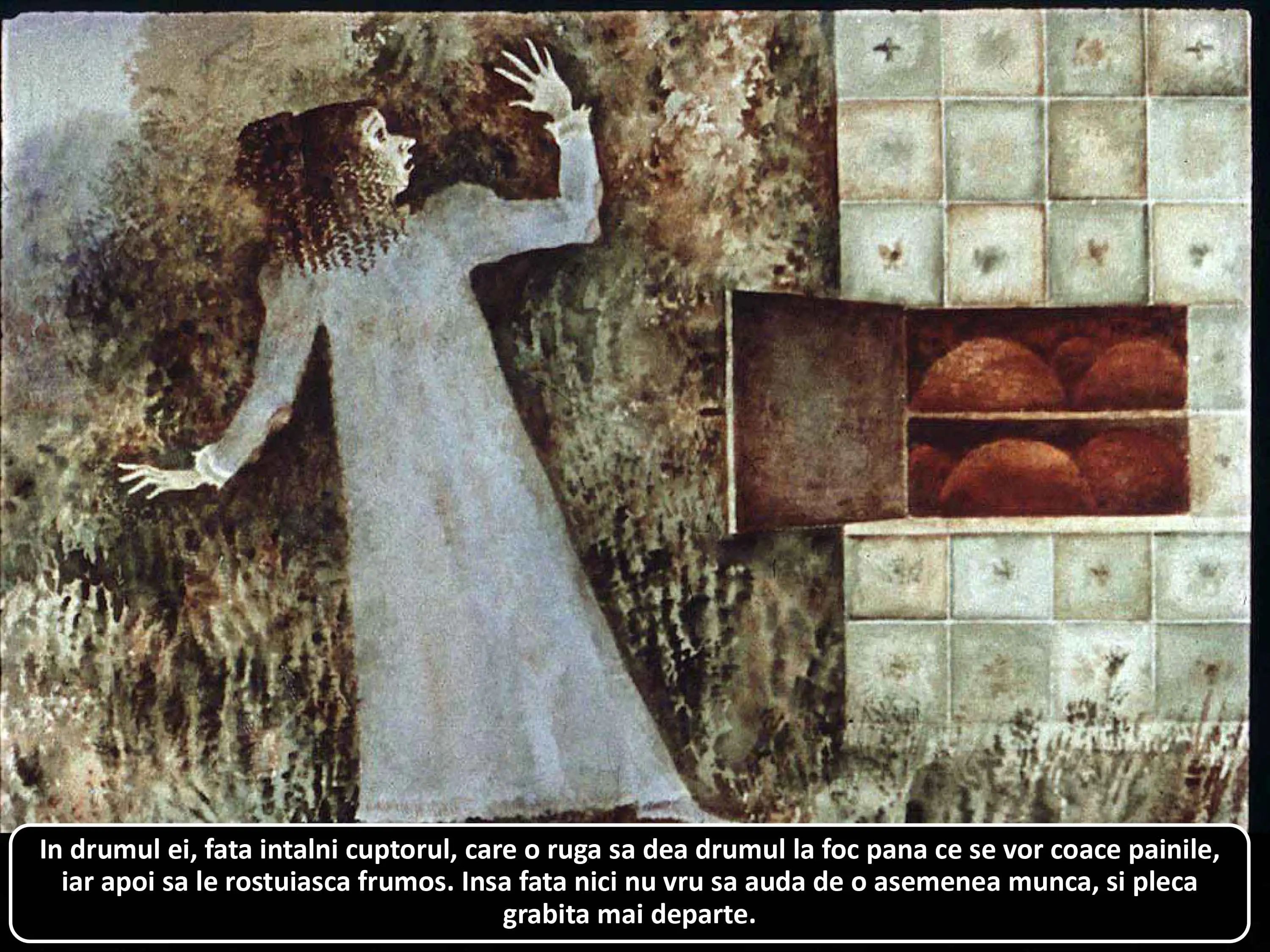 Imagine reprezentand o femeie care interactioneaza cu un cuptor intr-un peisaj artistic.