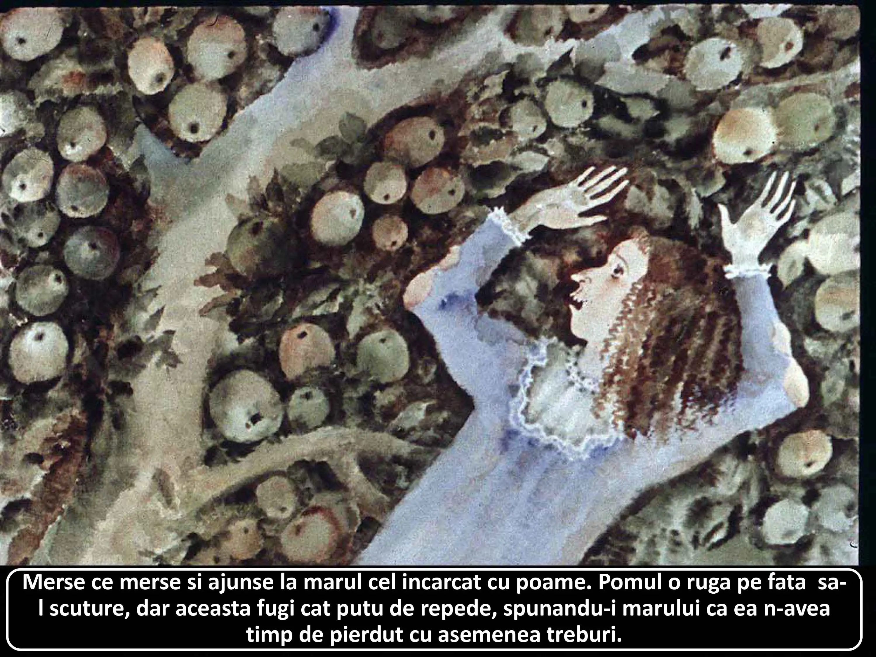 Ilustrație cu o femeie care se află sub un măr plin de fructe, iar ea își ridică mâinile în fața pomului.