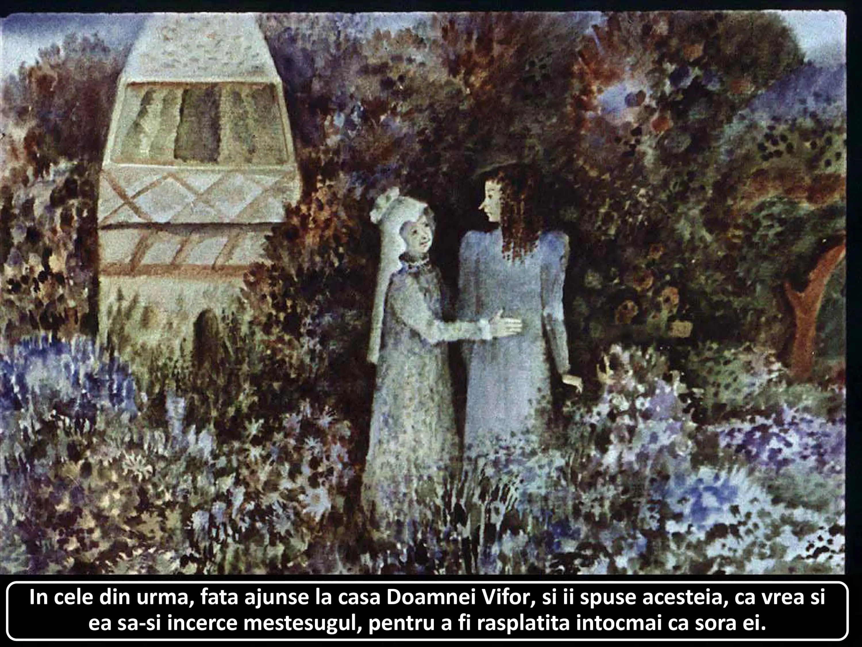 Imagine reprezentând o scenă dintr-o poveste, cu două personaje vorbind într-un peisaj natural, cu o casă în fundal.