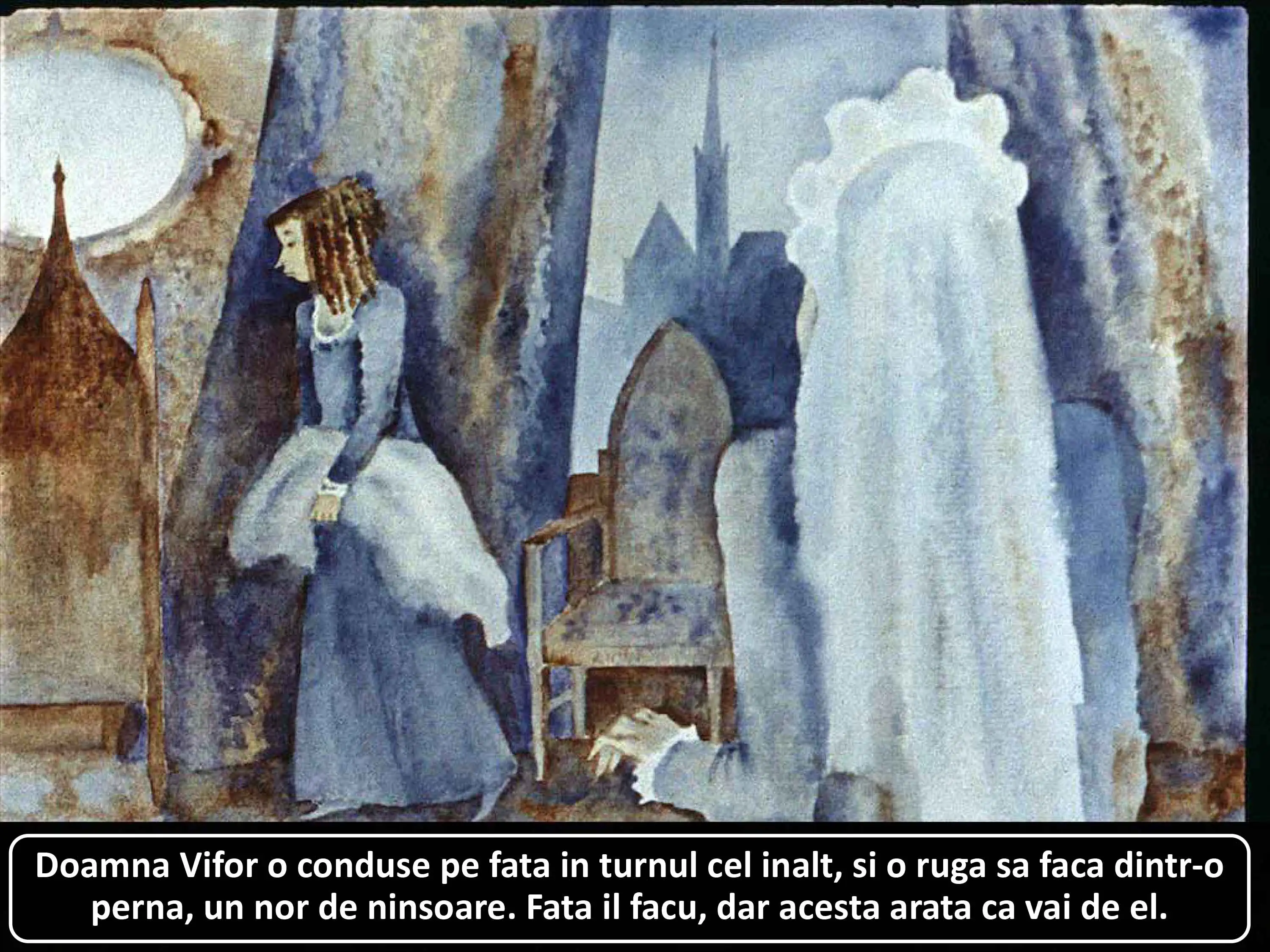 Ilustrație cu o femeie în albastru stând lângă un scaun și o siluetă de mireasă, cu un peisaj abstract în fundal.