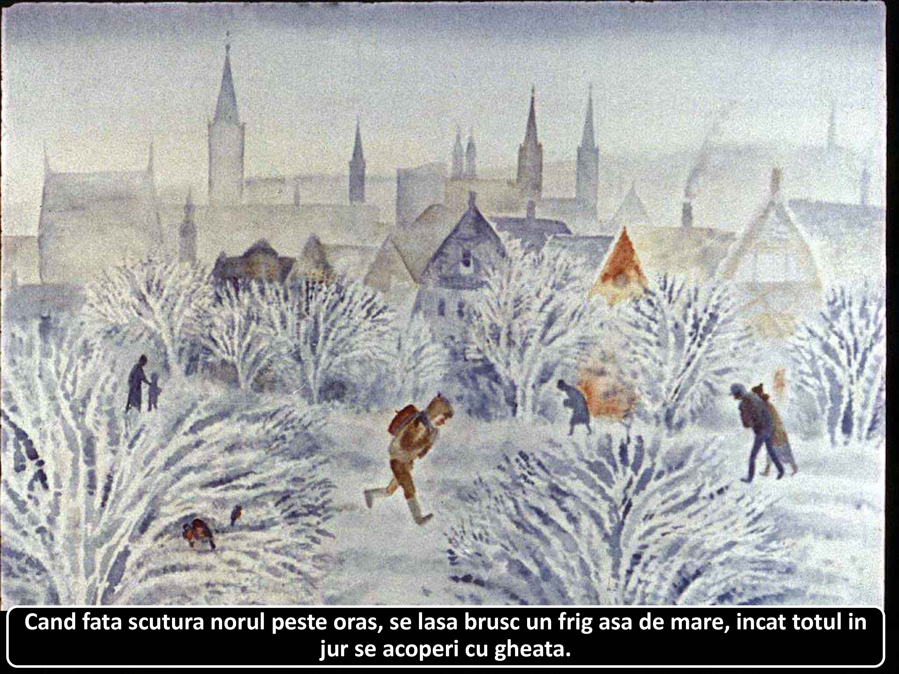 Pictură de iarnă cu peisaj acoperit de zăpadă, oameni și clădiri în fundal.