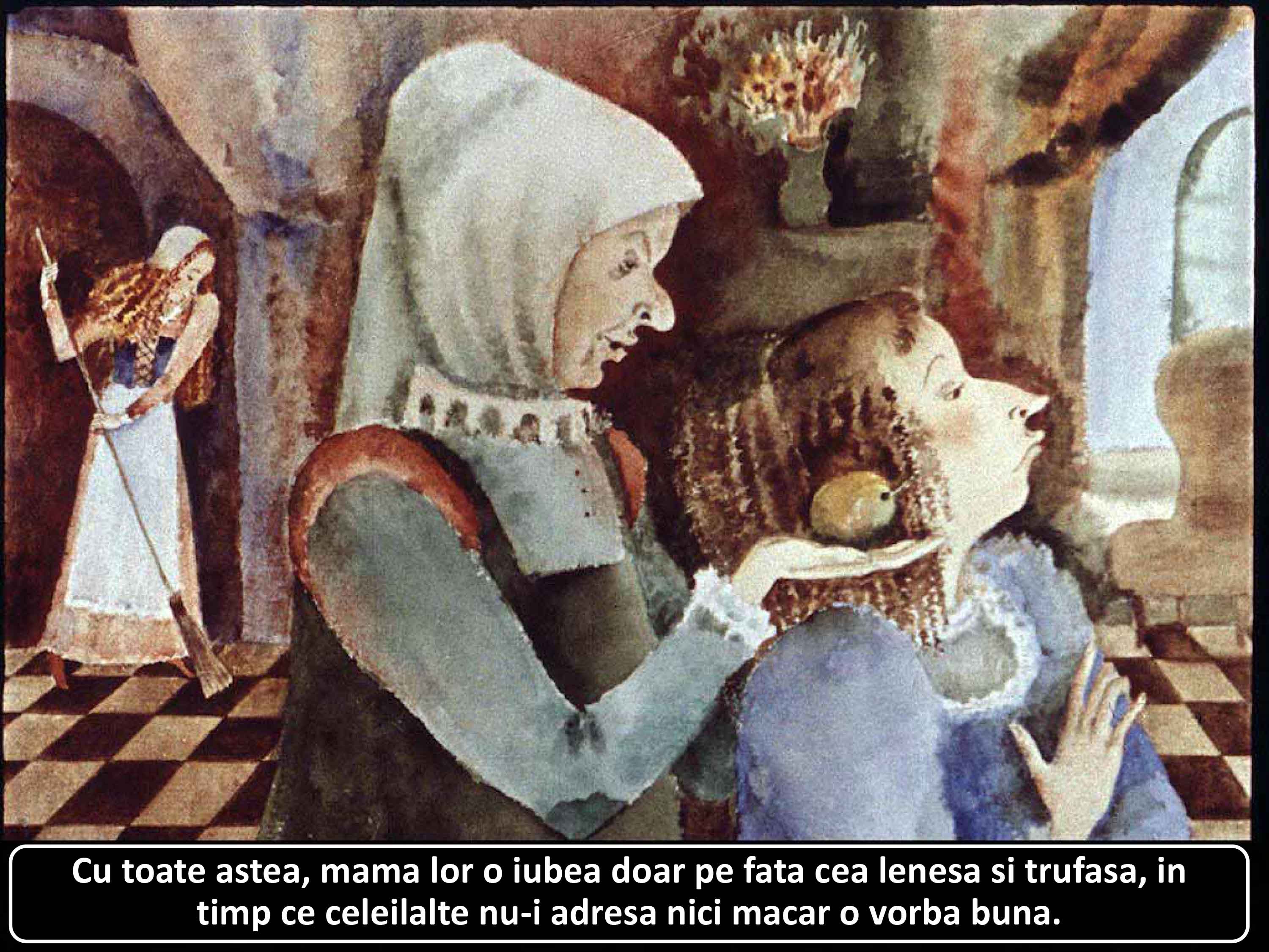 O scenă ilustrație cu personaje, în care o femeie îngrijeste o fată, iar alte personaje sunt prezente în fundal.