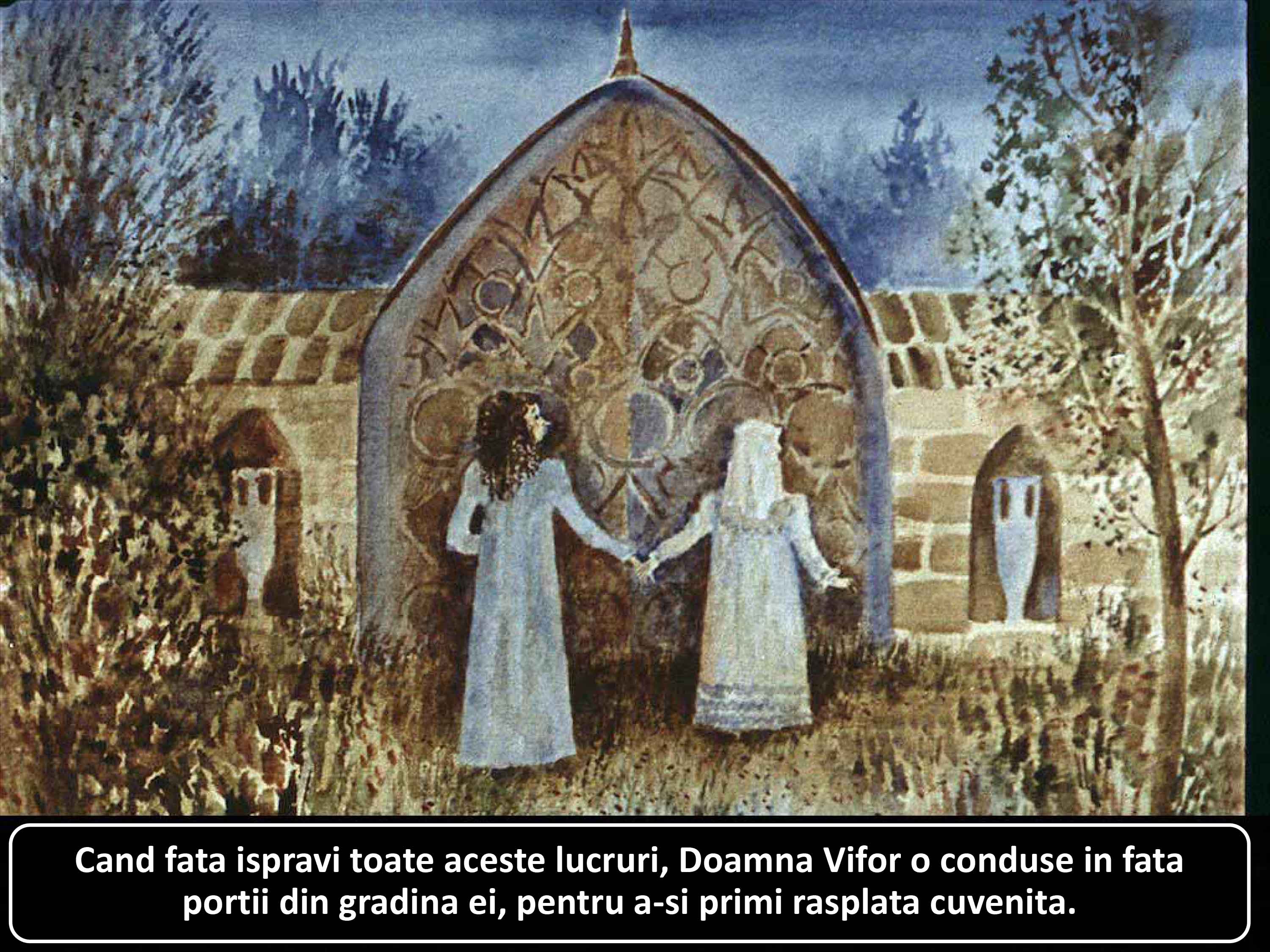 Ilustrație cu două femei în fața unei porți decorative, una dintre ele ține mâna celeilalte, pe fundal cu vegetație.