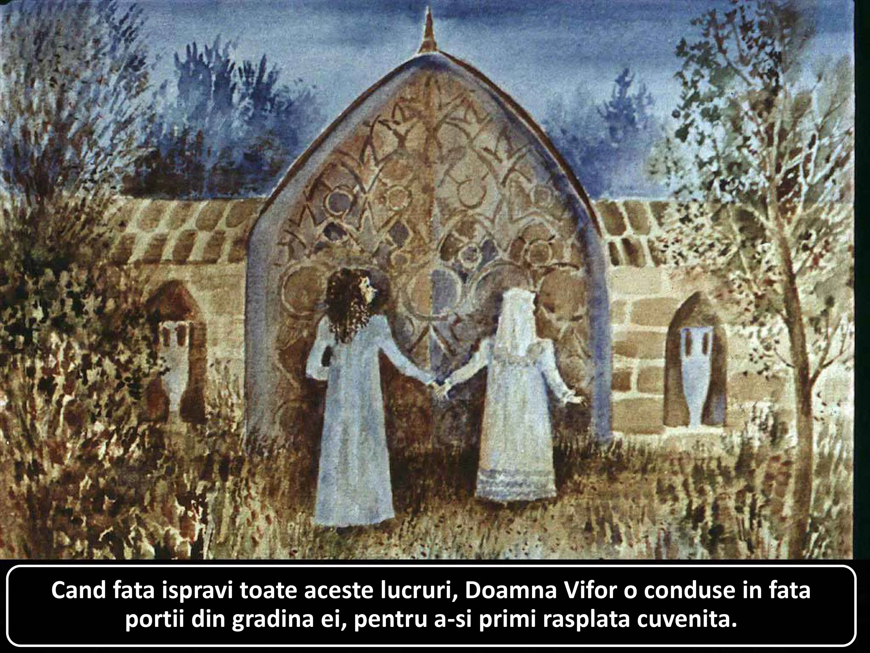 Ilustrație cu două femei în fața unei porți decorative, una dintre ele ține mâna celeilalte, pe fundal cu vegetație.