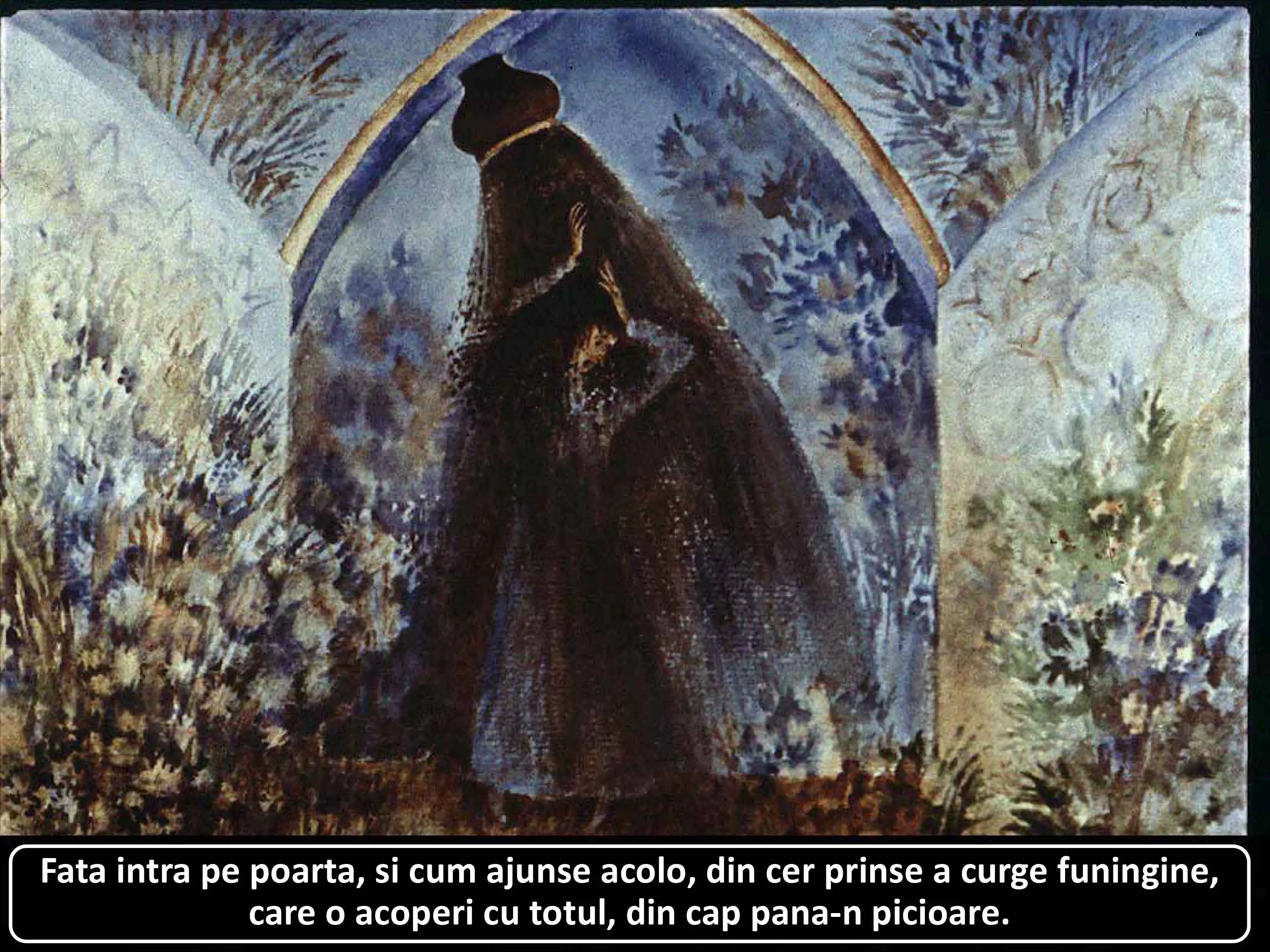 Imagine artistică cu o fată intrând pe o poartă, înconjurată de un peisaj abstract.