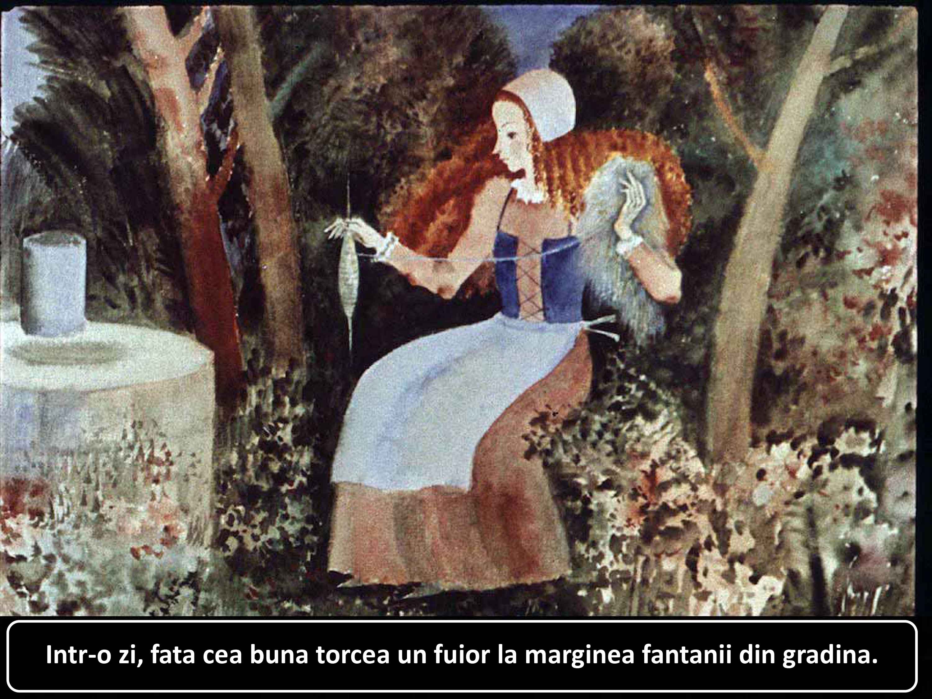 O ilustrație artistică cu o femeie care torcea lângă o fântână în grădină, înconjurată de copaci și flori.