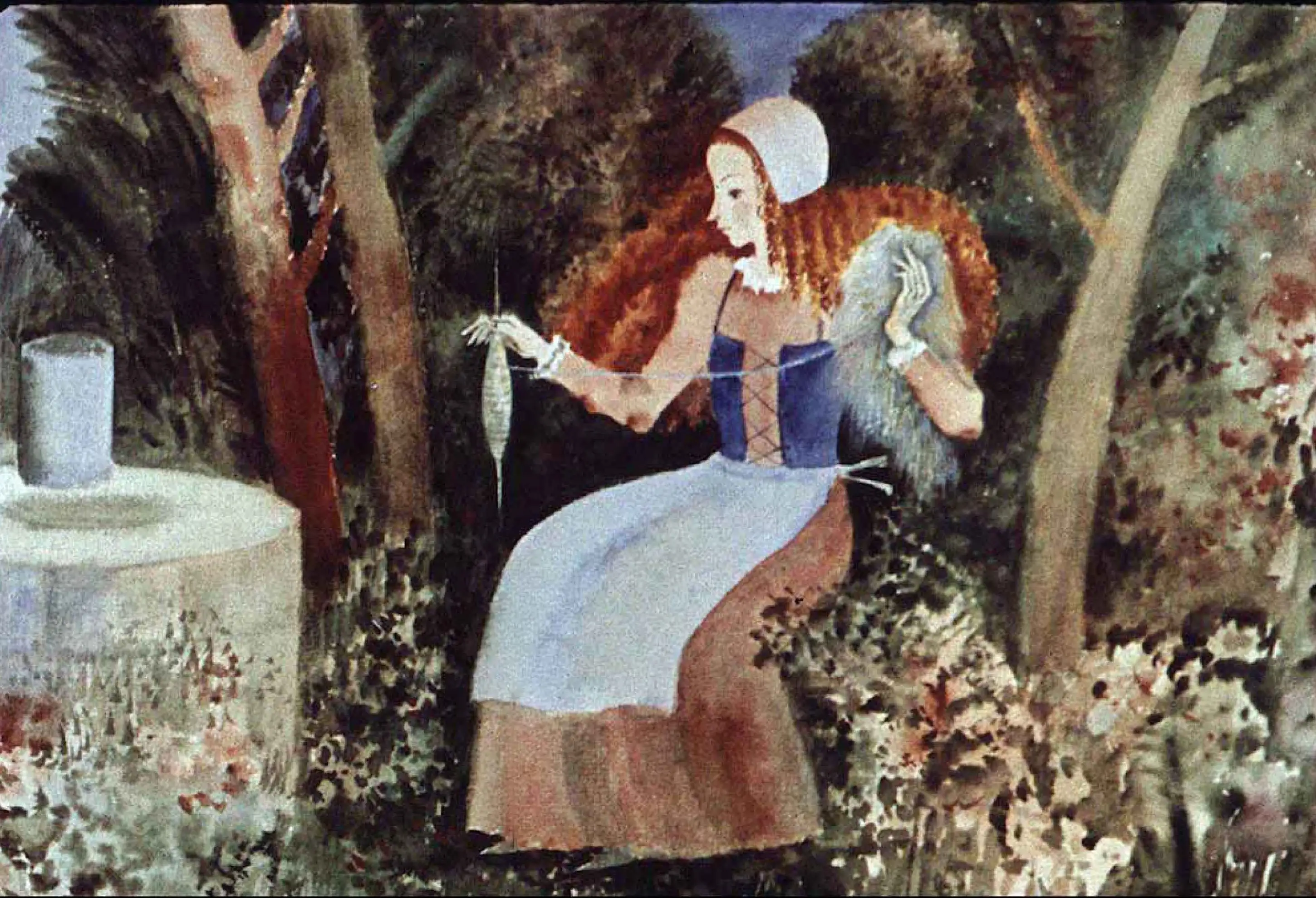 O ilustrație artistică cu o femeie care torcea lângă o fântână în grădină, înconjurată de copaci și flori.