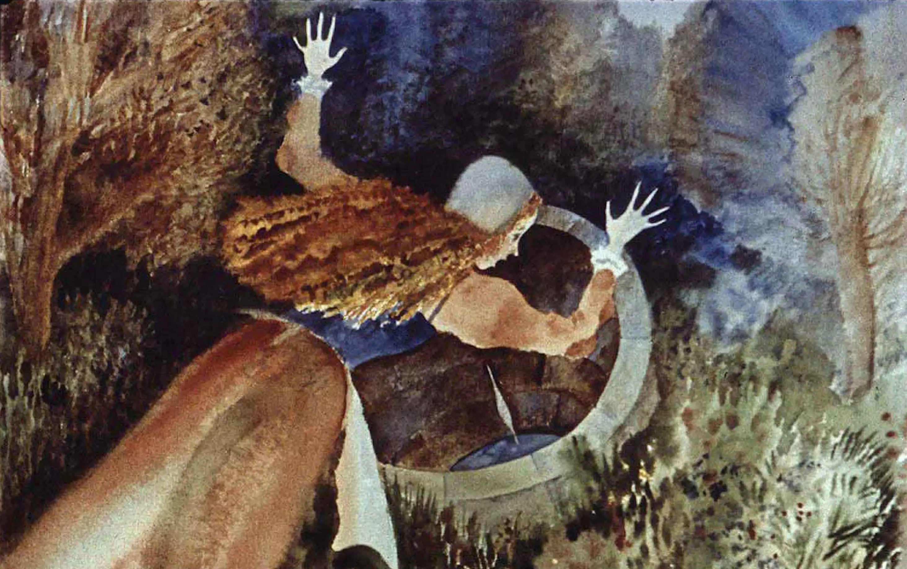 Imagine artistică reprezentând o scenă dintr-o poveste, cu detalii despre o fată care încearcă să prindă un fus ce a sărit din mâna ei.