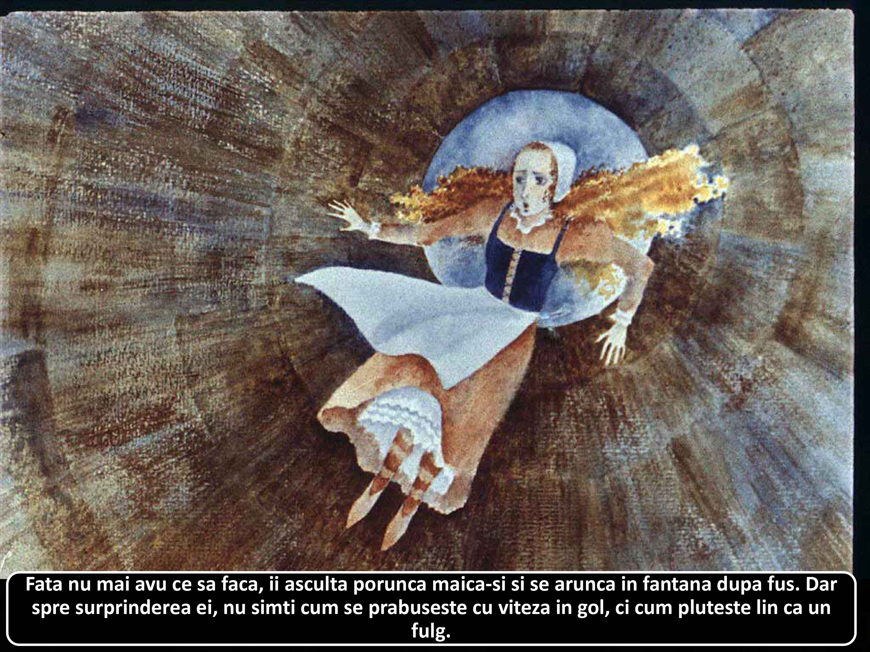 Imagini artistice cu o fată care plutește în aer, într-un peisaj de fantezie, având un text descriptiv despre o poveste.