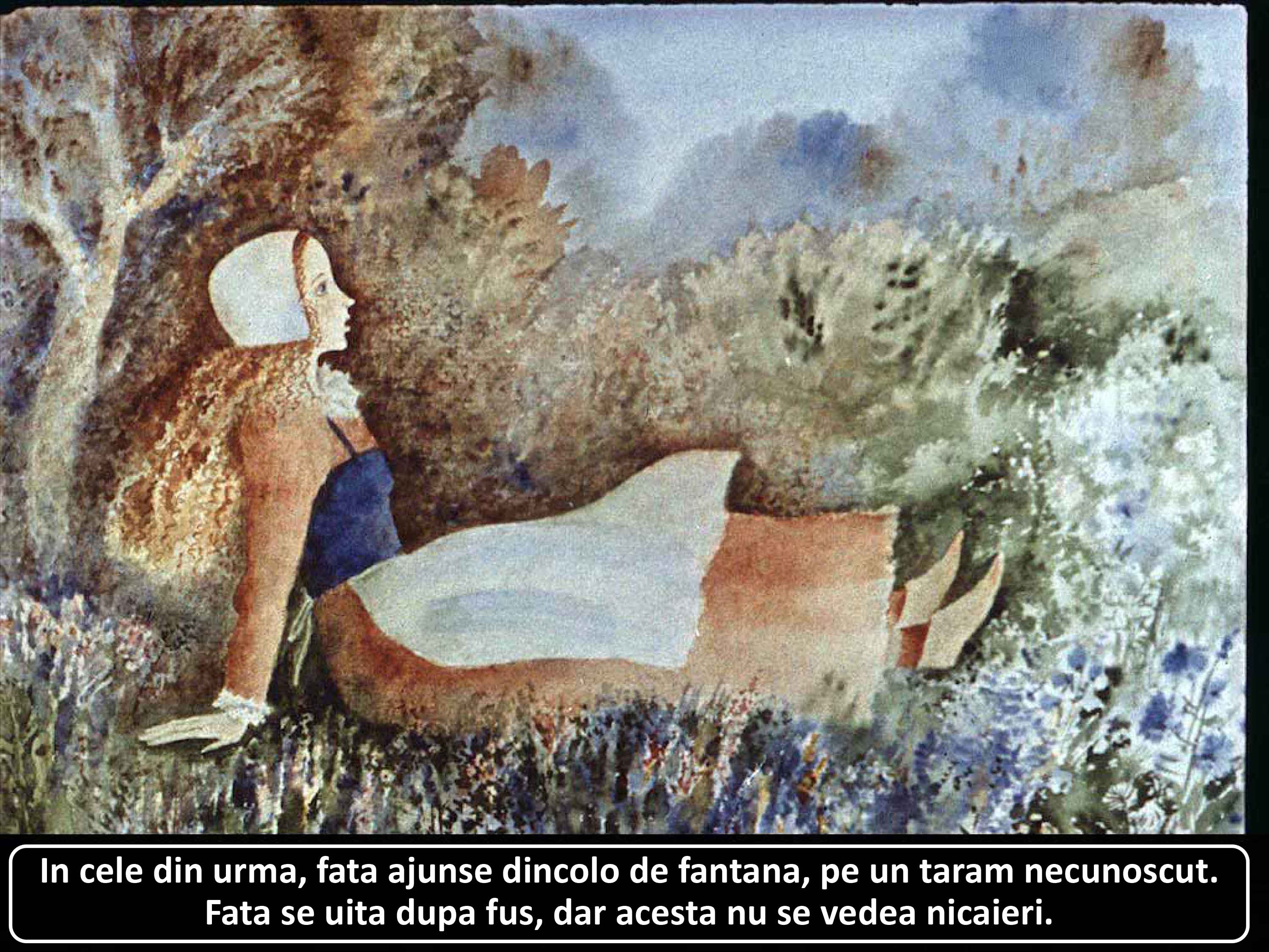 Ilustrație cu o fată care stă pe pământ, privind în zare, într-un peisaj natural.