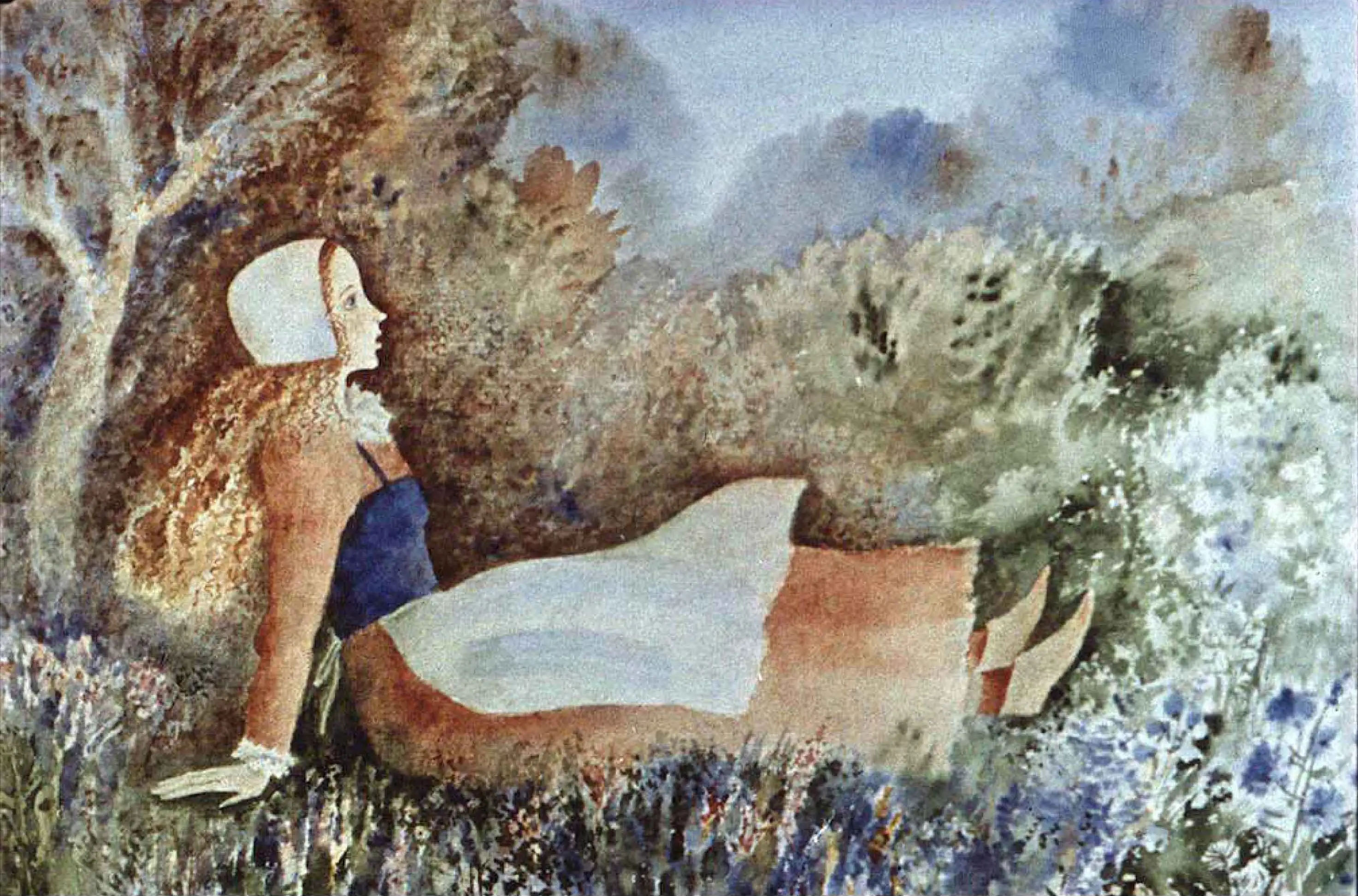 Ilustrație cu o fată care stă pe pământ, privind în zare, într-un peisaj natural.