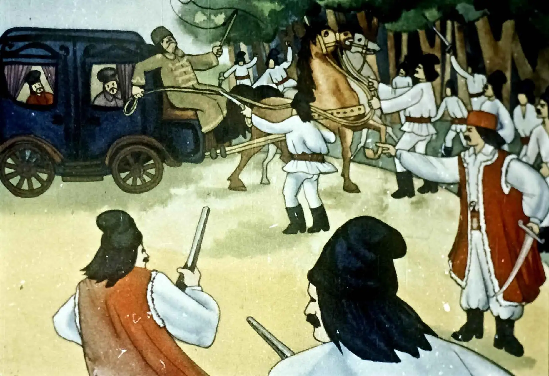 Imagine care ilustrează o scenă istorică în care Iancu Jianu și haiducii săi atacă un poștalion.