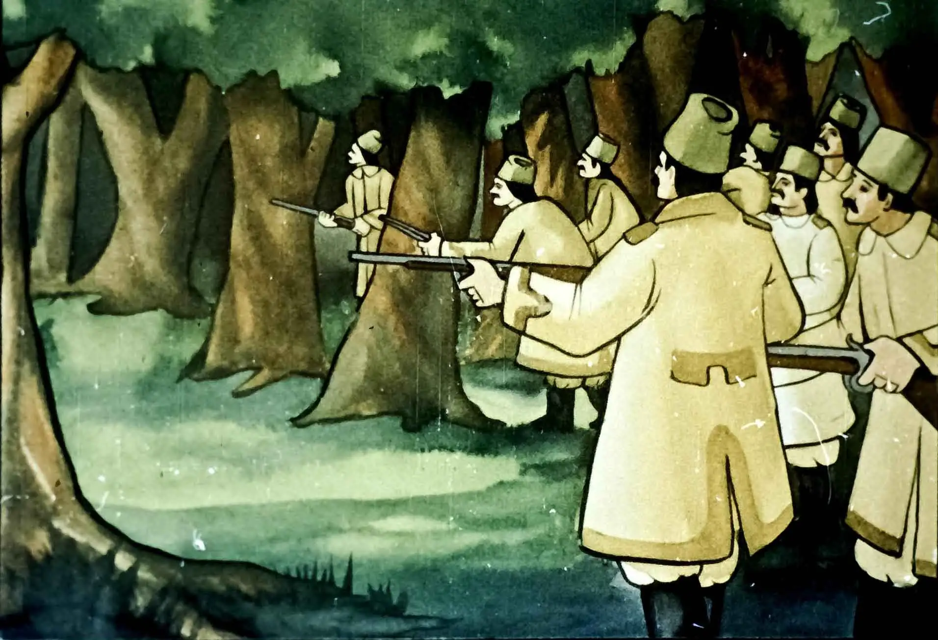 Ilustrație cu soldați pregătiți de luptă într-o pădure, cu un text descriptiv despre haiduci.