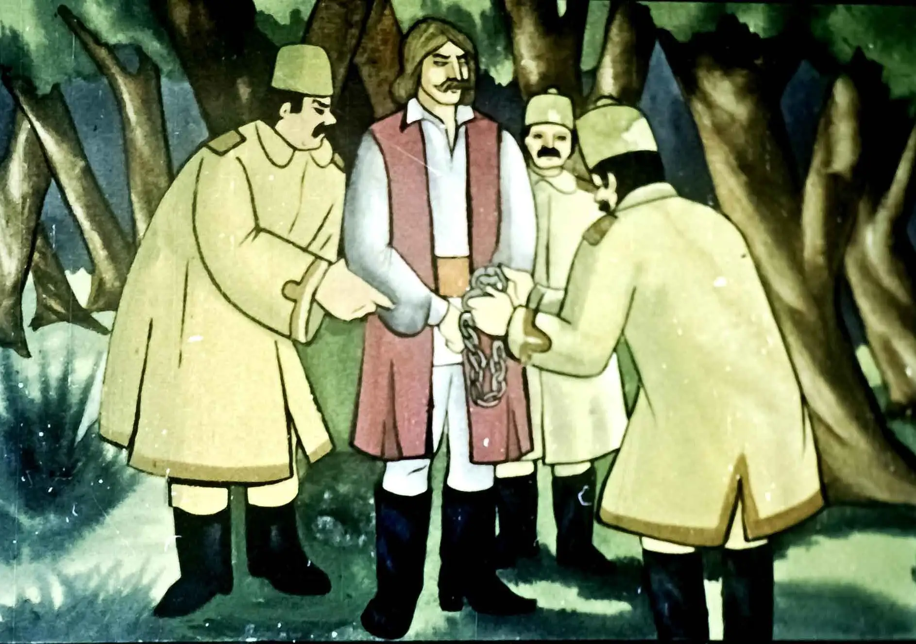 Ilustrație animată cu personaje istorice, una dintre ele fiind prinsă și legată, cu mesaj informativ în partea de jos.