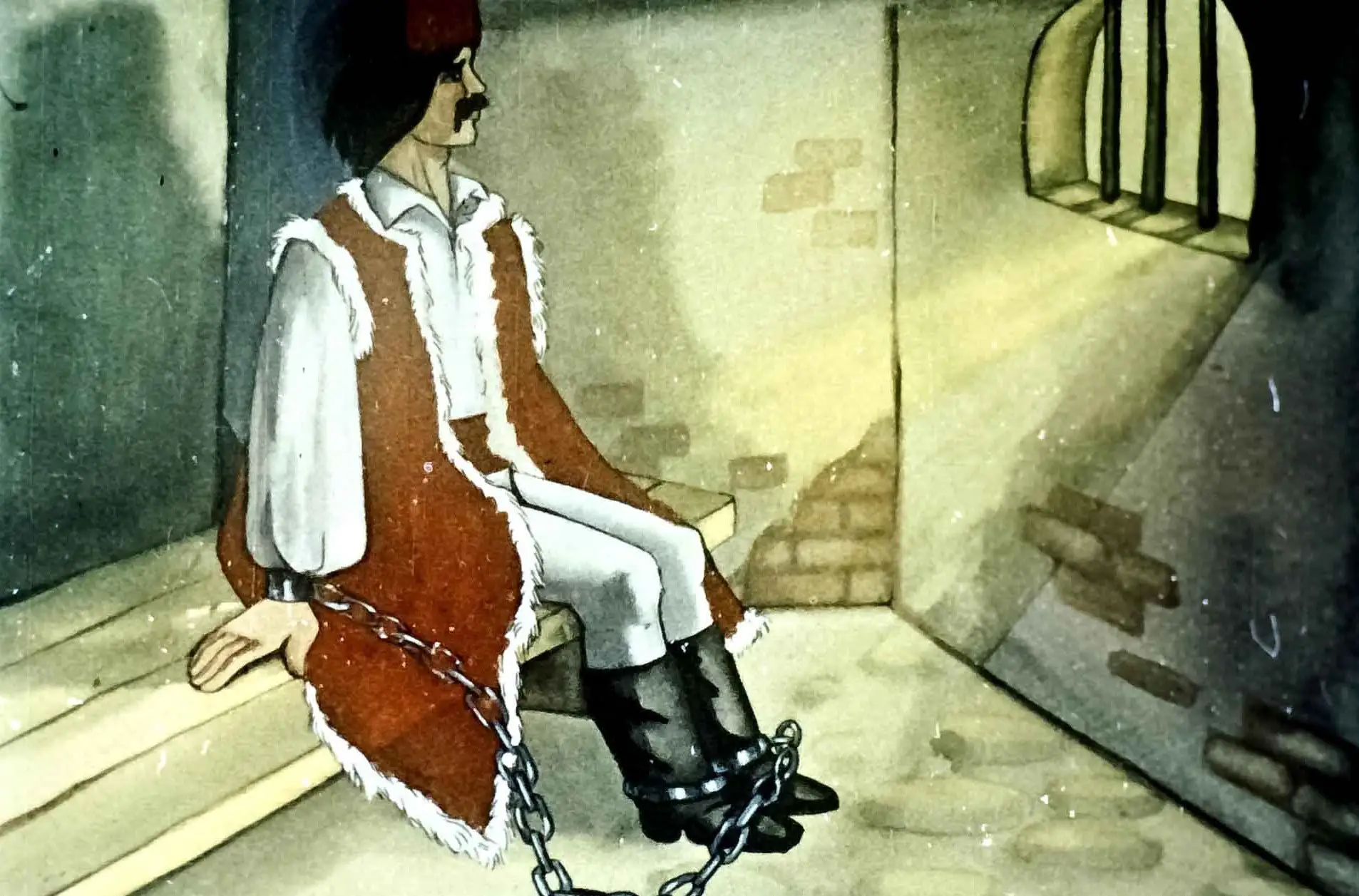 Ilustrație a unui bărbat legat în lanțuri, reflectând asupra soartei prietenului său într-o celulă.