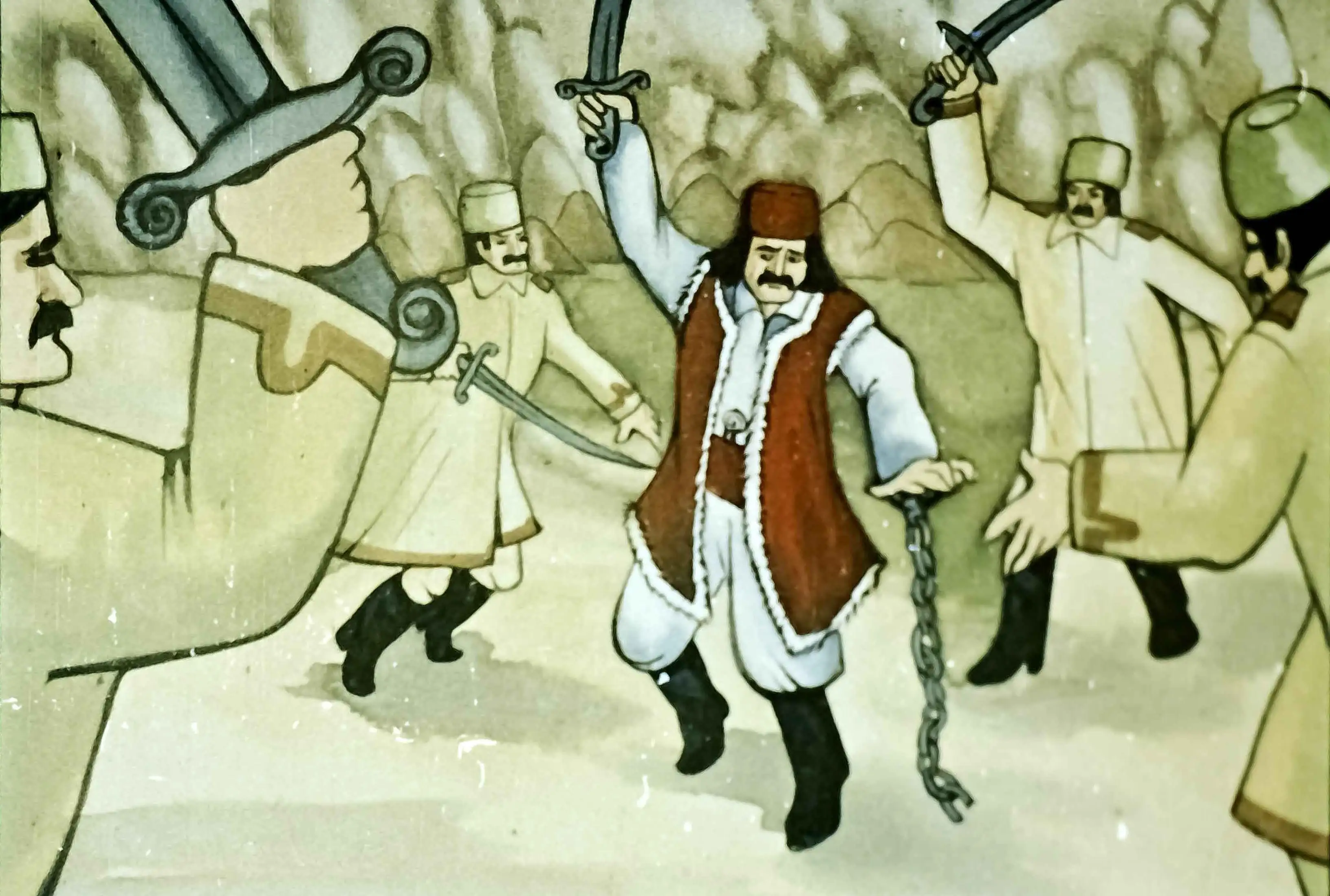 Imagine care ilustrează o scenă istorică în care un personaj principal, Jianu, se află într-o situație tensionată, cu mai multe figuri în jurul său, fiecare purtând săbii.