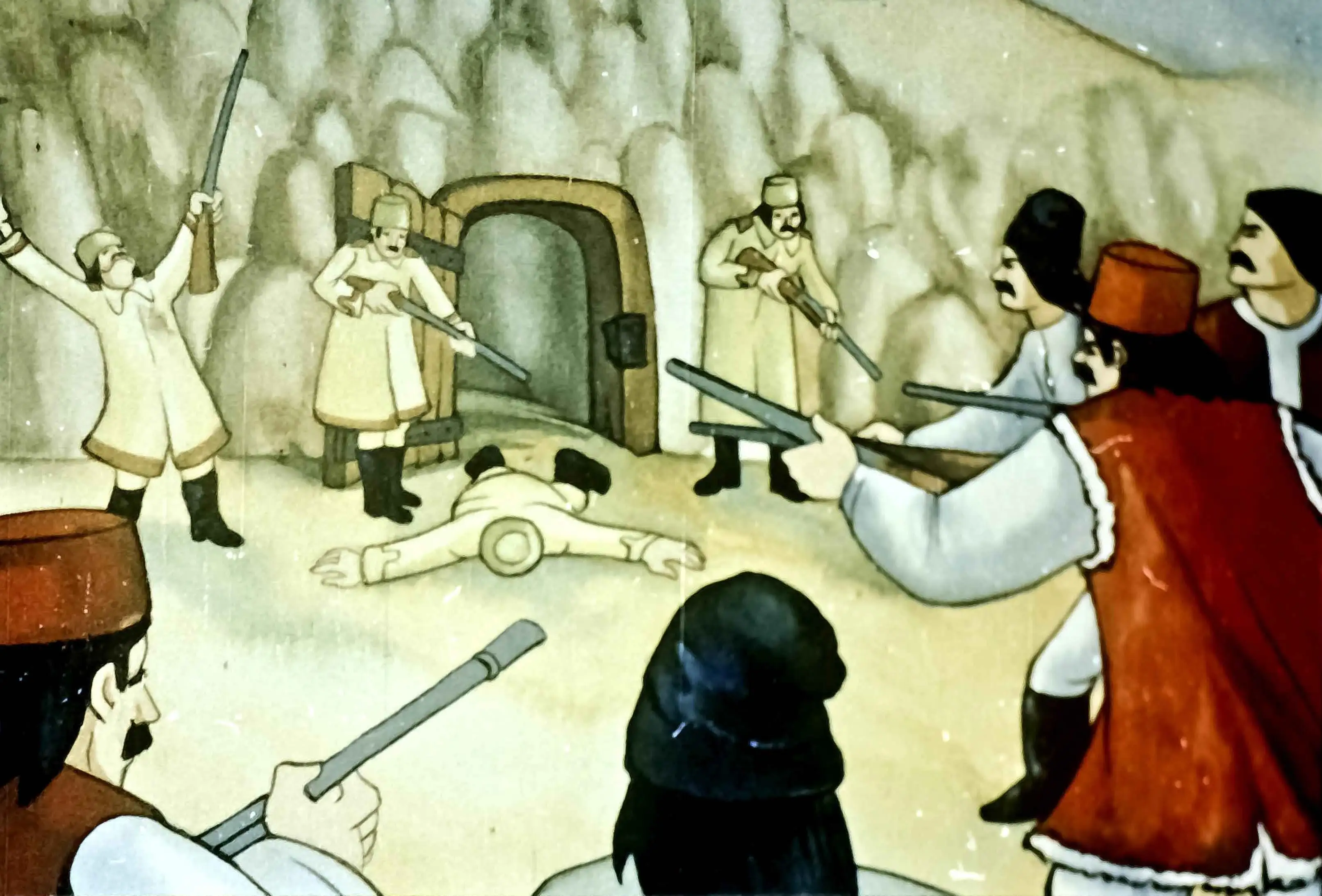 O ilustrație istorică care descrie atacul lui Iancu Jianu asupra ocnei de la Telega în 1816.