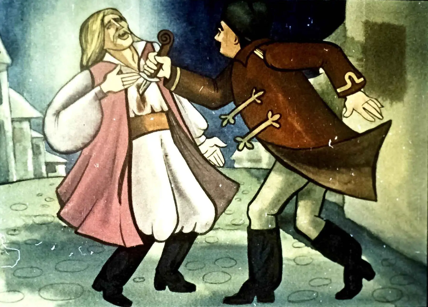 O ilustrație care prezintă o scenă dramatică între două personaje, însoțită de un text explicativ.