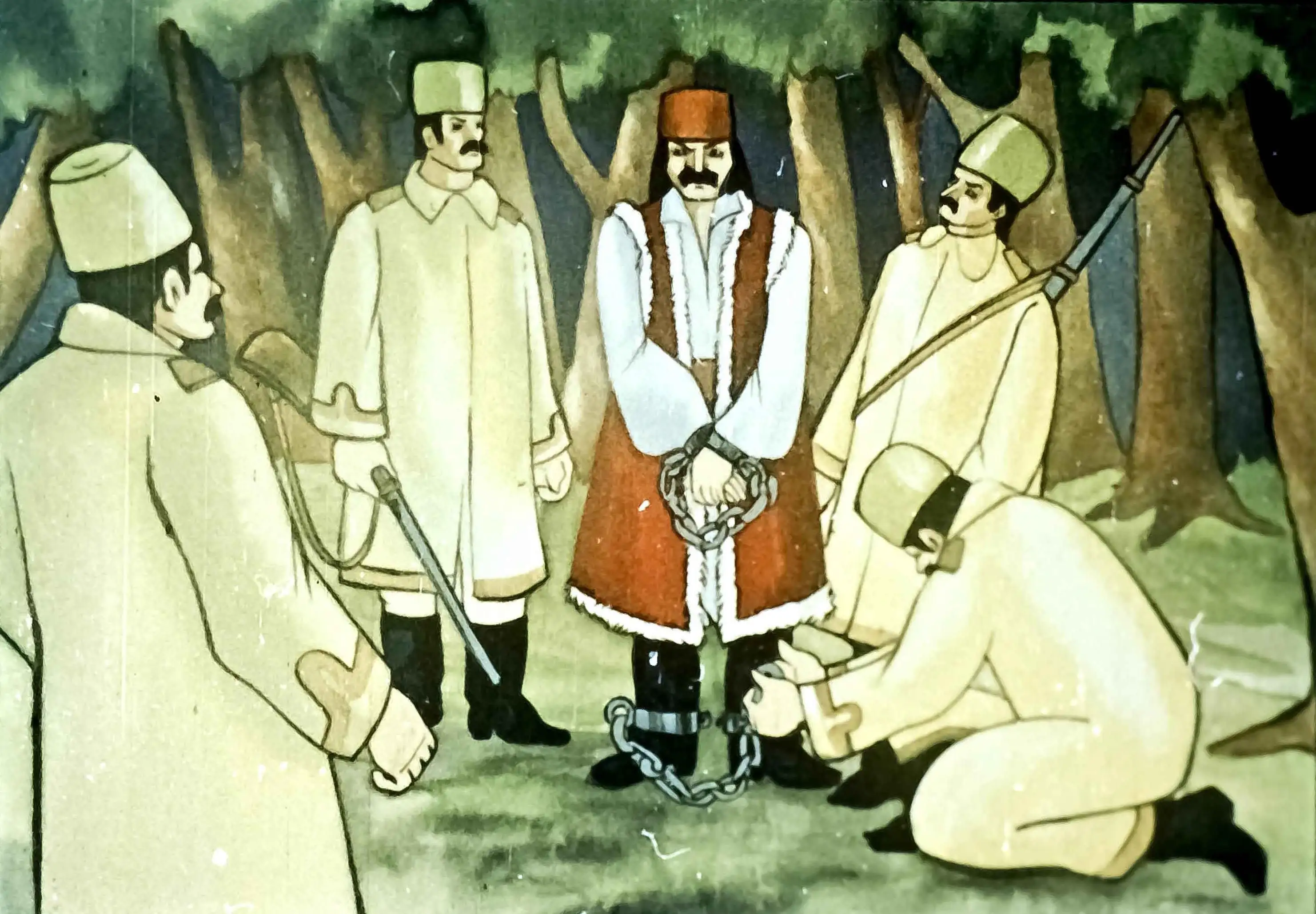 Imagine ilustrează o scenă istorică în care lianiu Jianu este prins și condamnat la moarte, înconjurat de soldați.