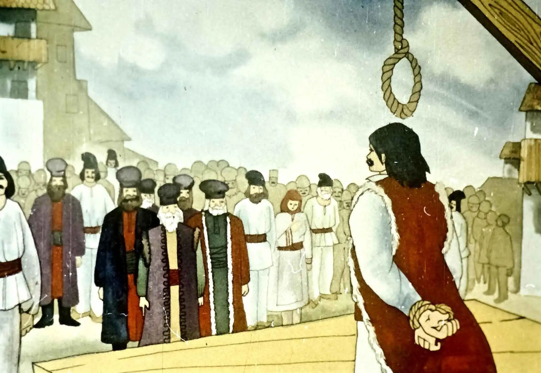 Imagine artistică reprezentând o scenă istorică, cu un bărbat legat care strigă către o mulțime, evocând un moment de curaj în fața opresiunii.