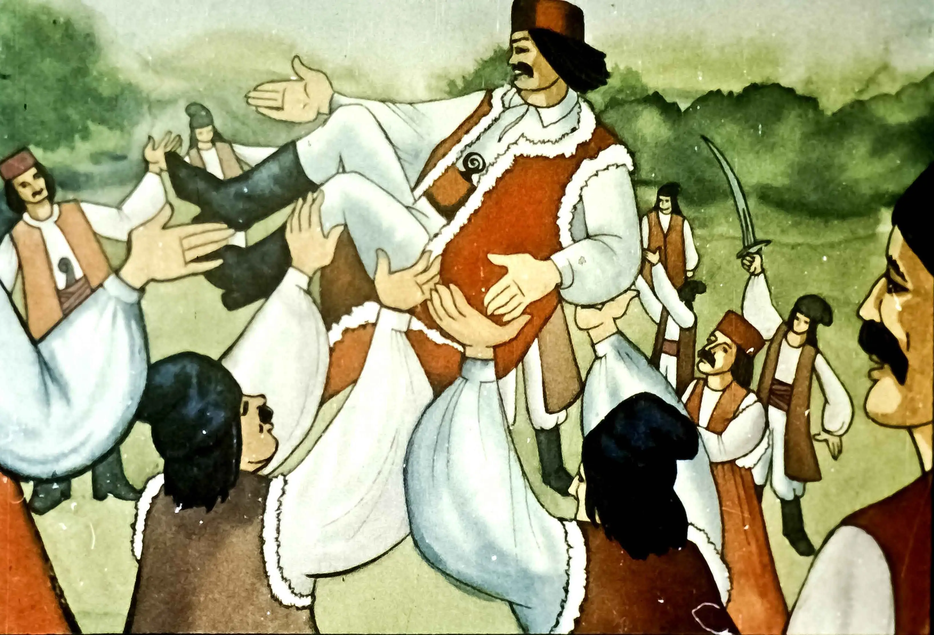 Ilustrație cu haiduci purtând un bărbat pe brațe, exprimând bucurie și solidaritate.