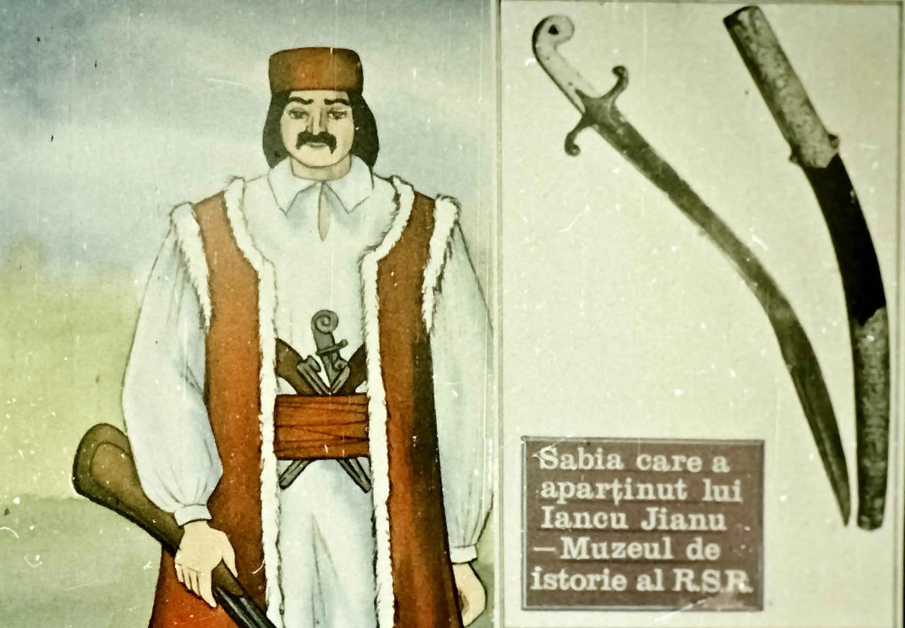 Imaginea prezintă un personaj istoric, Iancu Jianu, înarmat cu o sabie, pistol și cuțit, într-un context cultural specific.