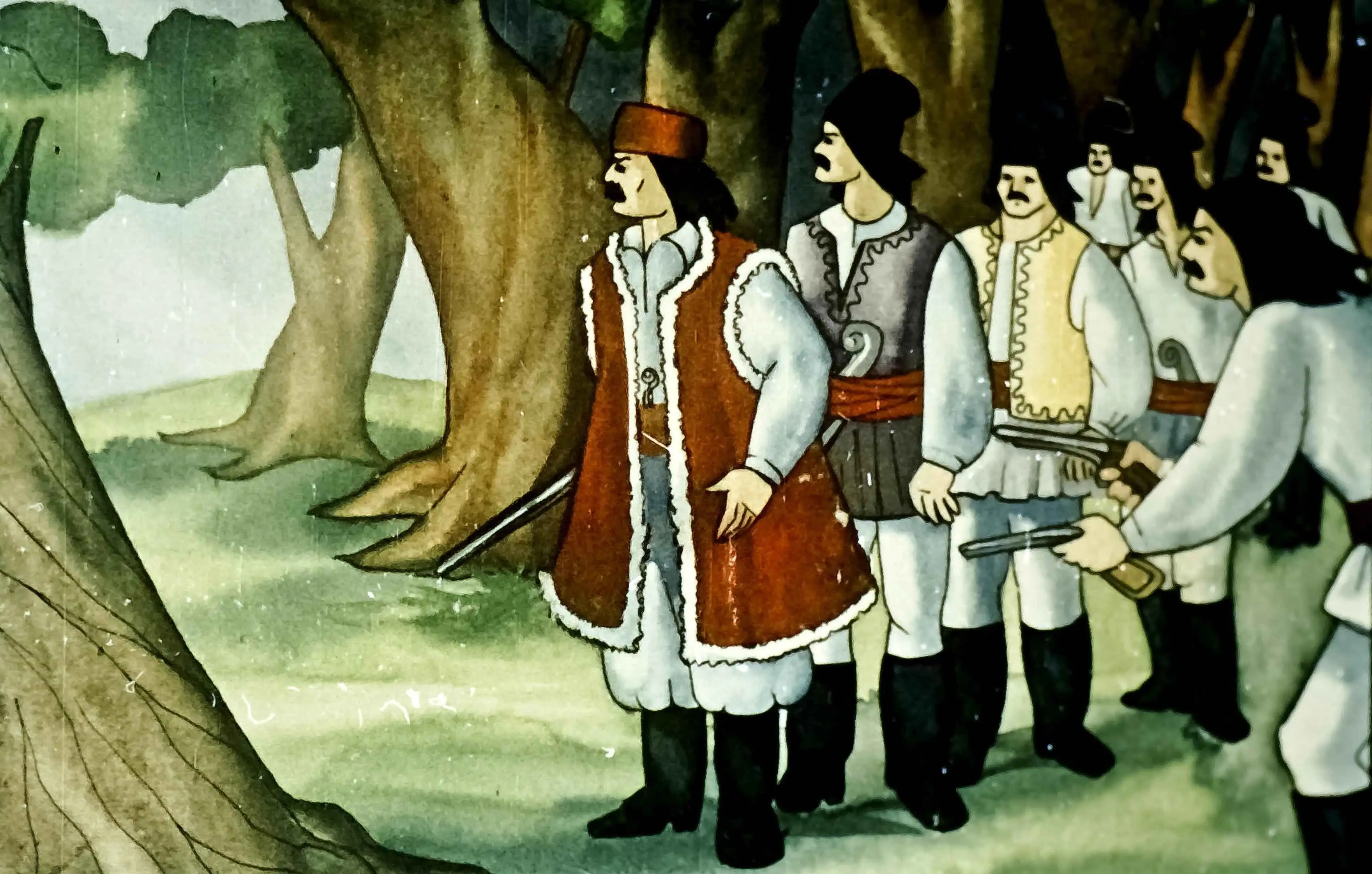 Imagine cu șase haiduci și un lider într-o pădure, ilustrând o scenă narativă.