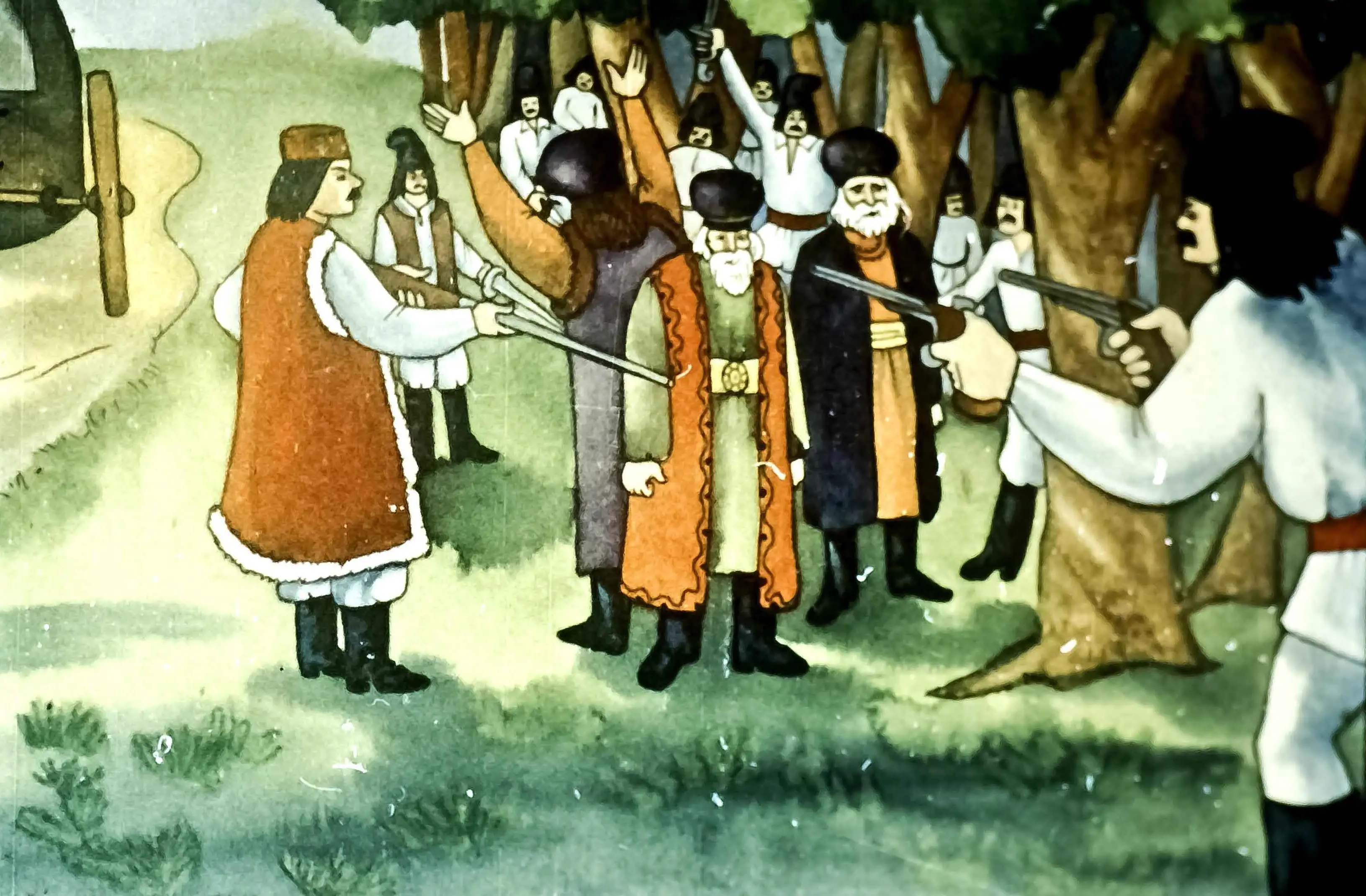 Ilustrație cu haiduci care atacă boieri în pădure, cu text explicativ despre eveniment.