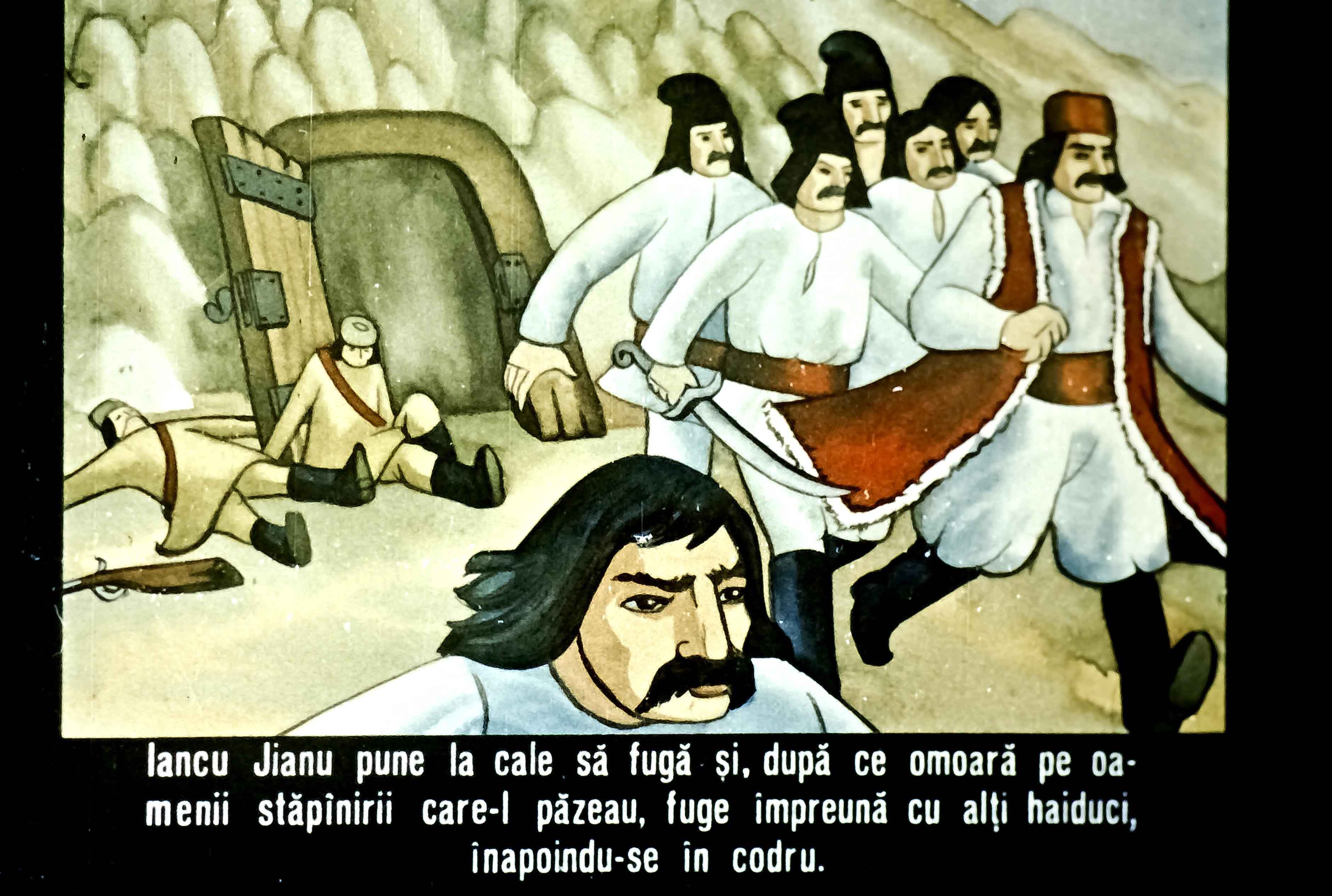 Ilustrație cu Iancu Jianu și haiduci fugind în pădure, după o confruntare cu stăpânirea.