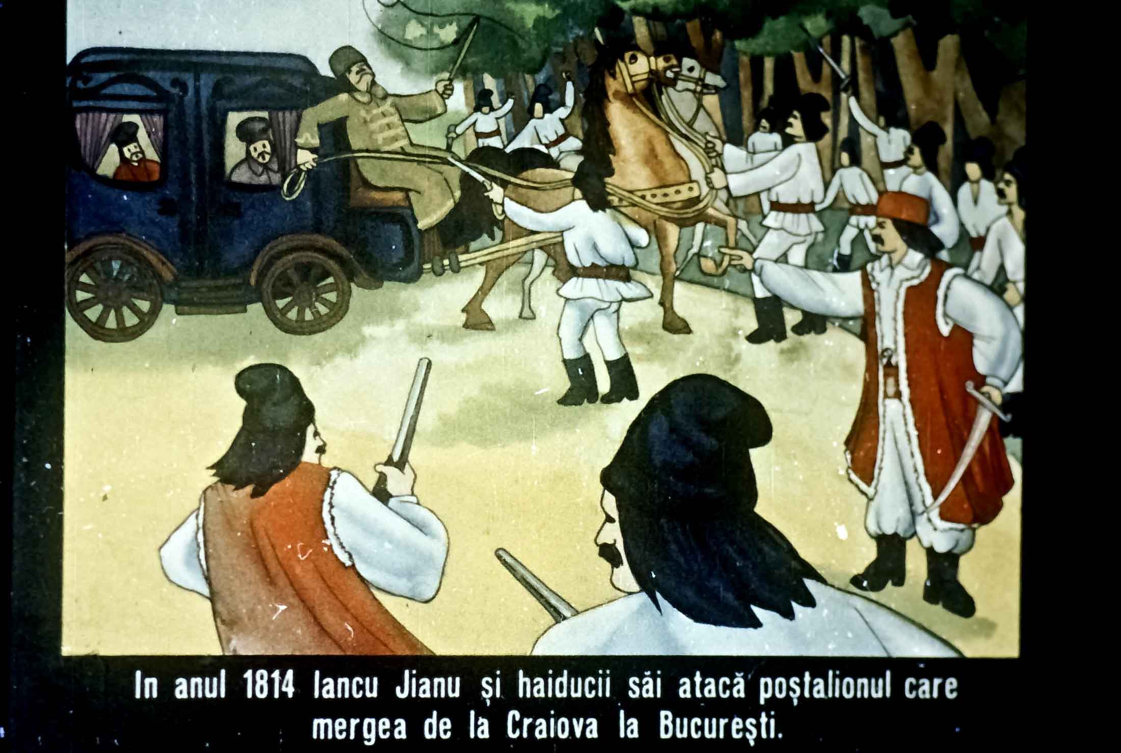 Imagine care ilustrează o scenă istorică în care Iancu Jianu și haiducii săi atacă un poștalion.