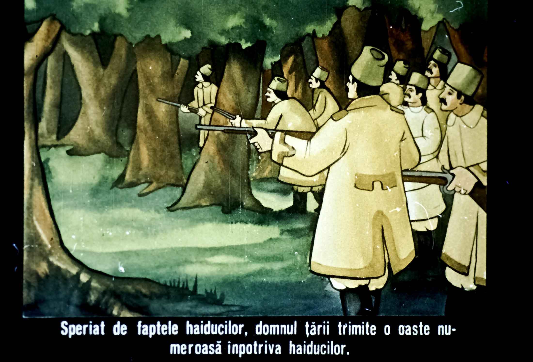 Ilustrație cu soldați pregătiți de luptă într-o pădure, cu un text descriptiv despre haiduci.