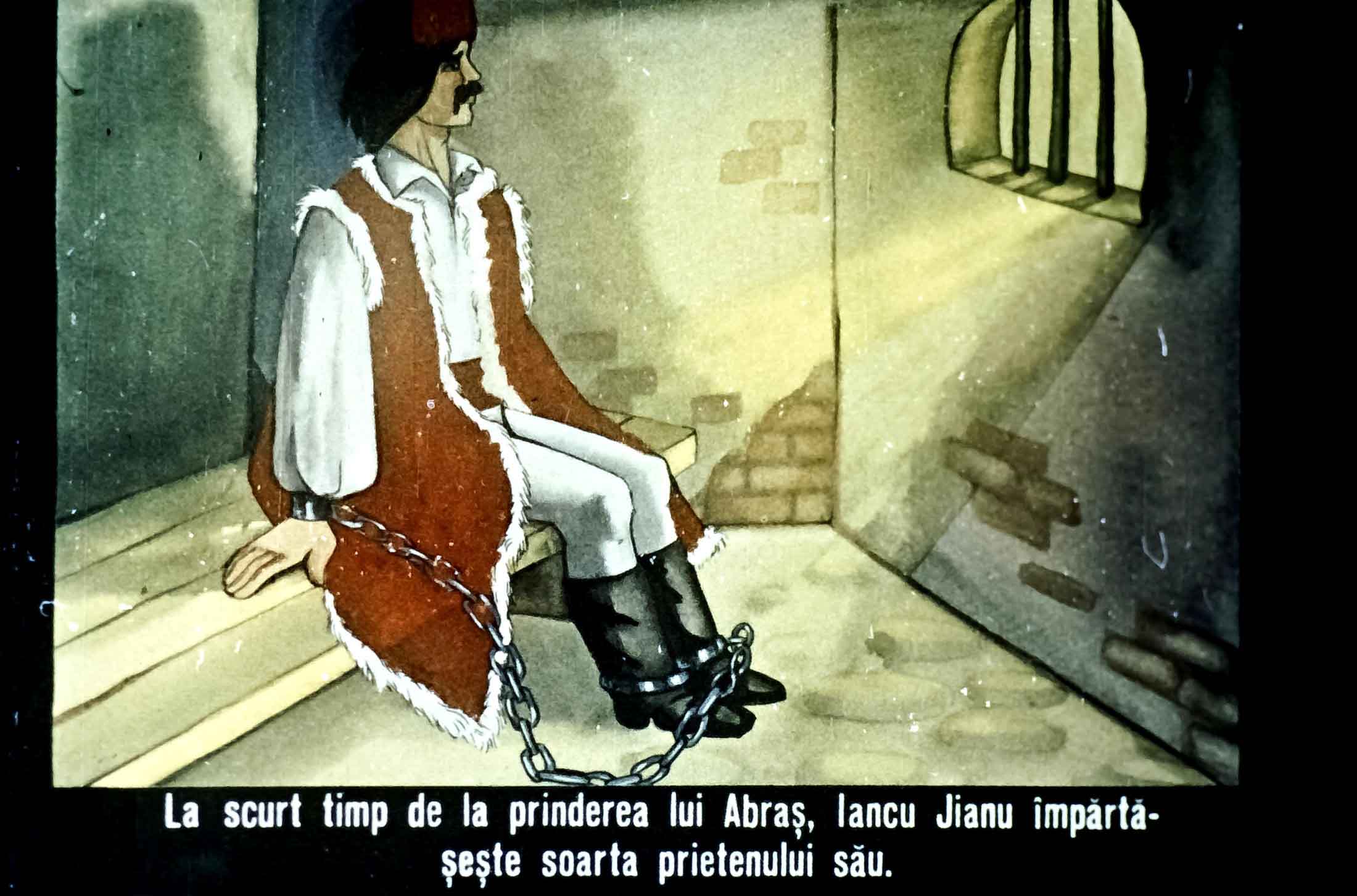 Ilustrație a unui bărbat legat în lanțuri, reflectând asupra soartei prietenului său într-o celulă.