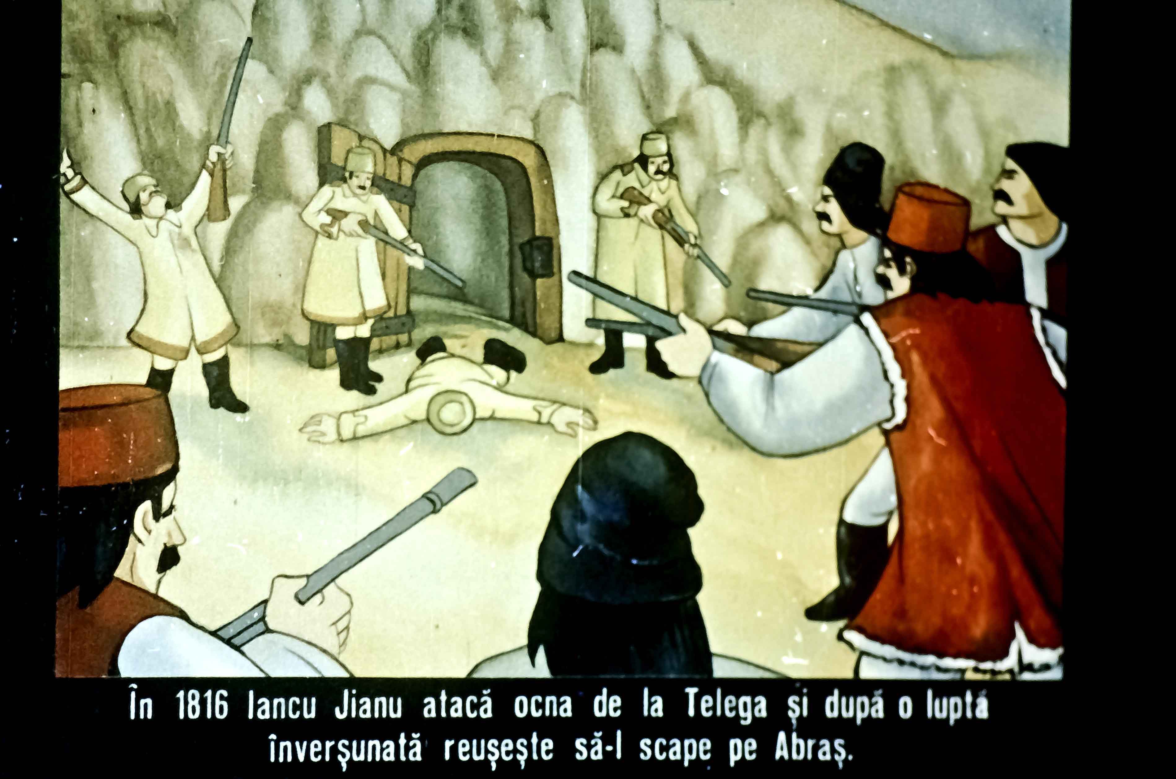 O ilustrație istorică care descrie atacul lui Iancu Jianu asupra ocnei de la Telega în 1816.