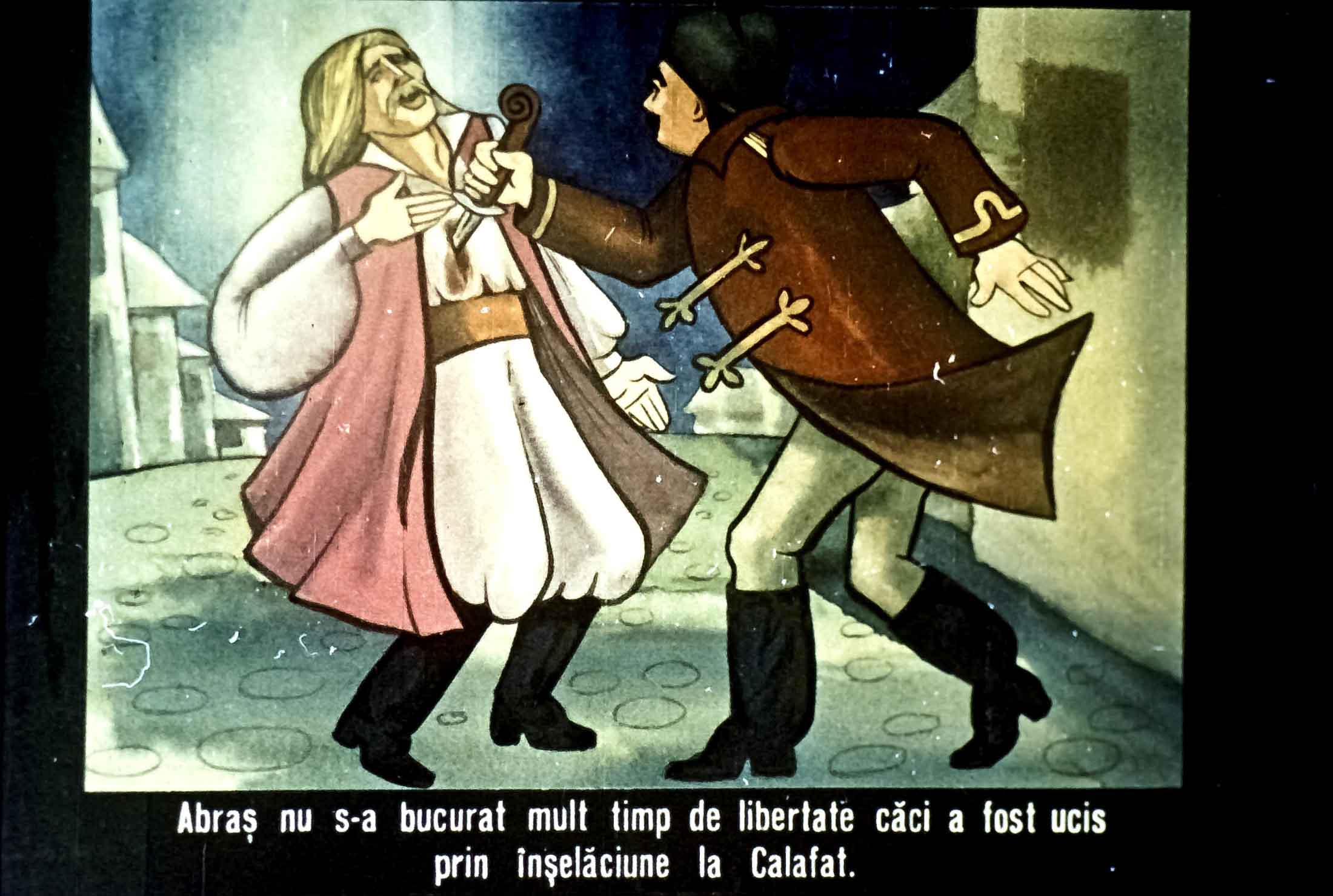 O ilustrație care prezintă o scenă dramatică între două personaje, însoțită de un text explicativ.