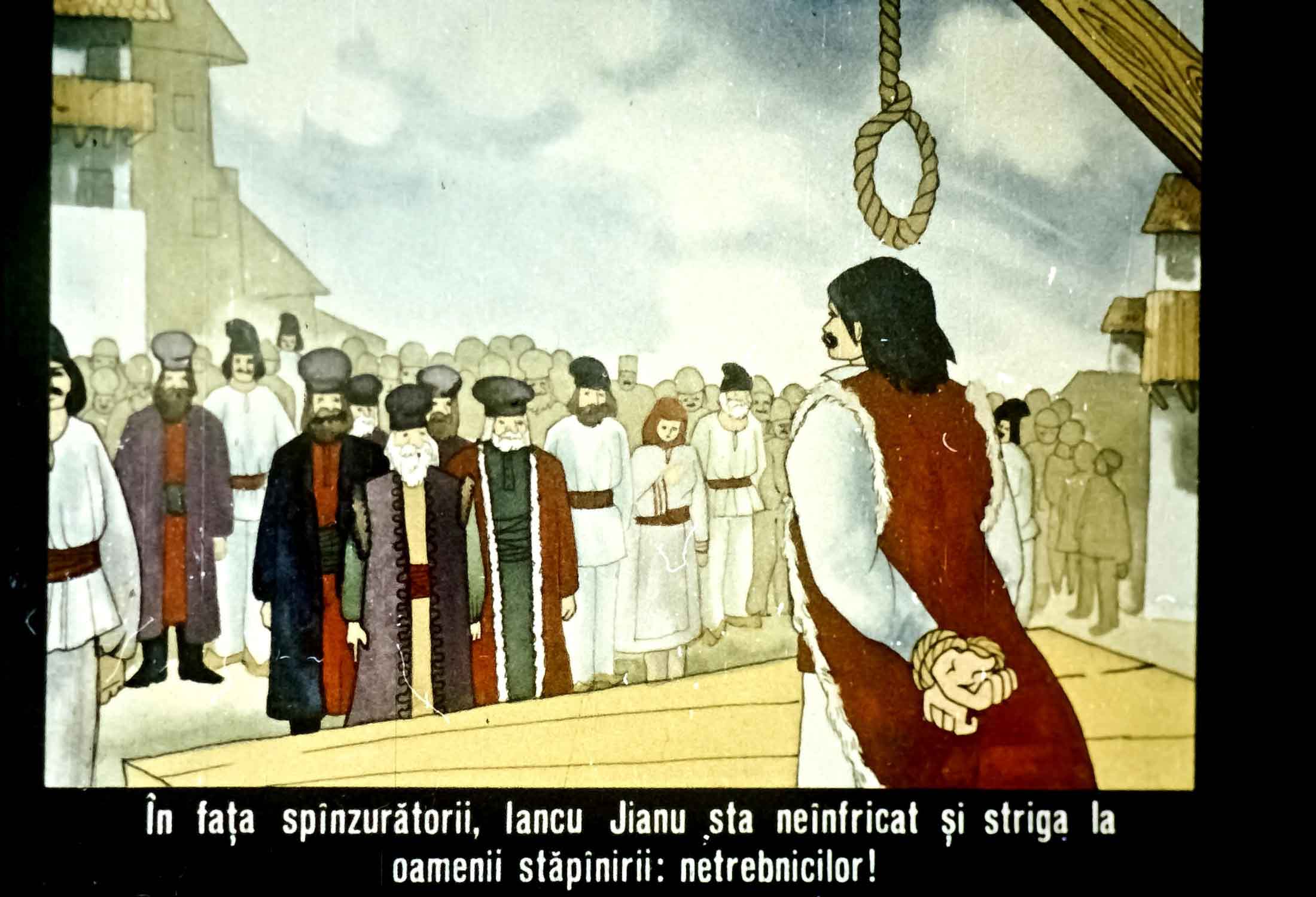Imagine artistică reprezentând o scenă istorică, cu un bărbat legat care strigă către o mulțime, evocând un moment de curaj în fața opresiunii.