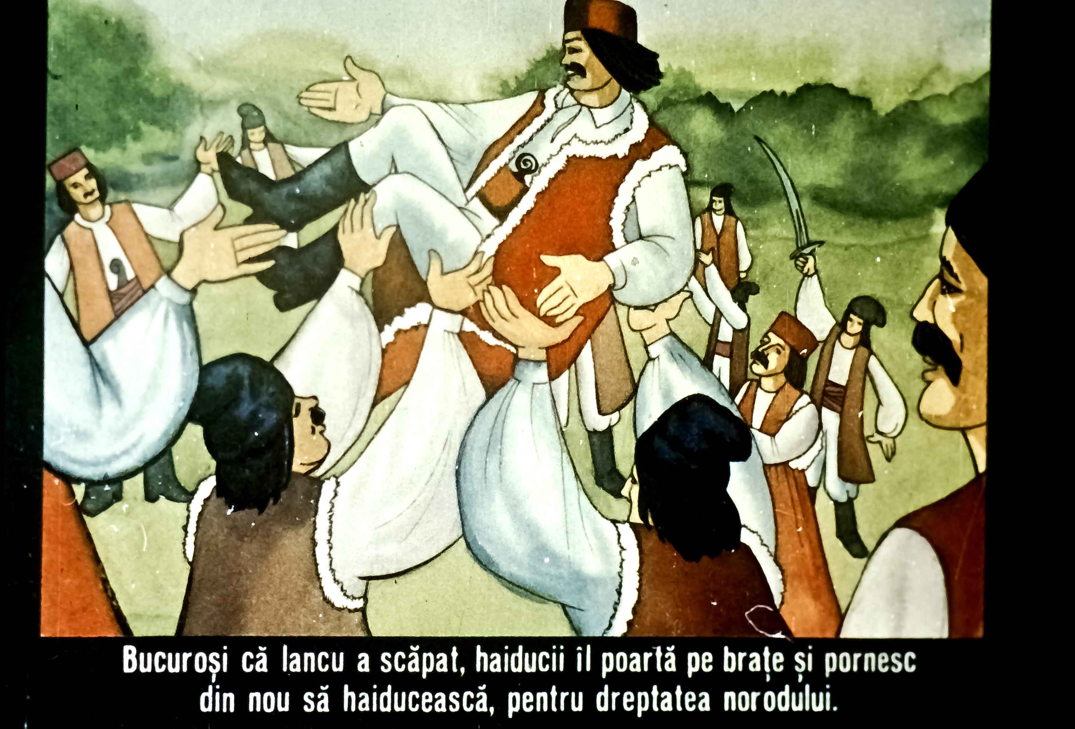Ilustrație cu haiduci purtând un bărbat pe brațe, exprimând bucurie și solidaritate.