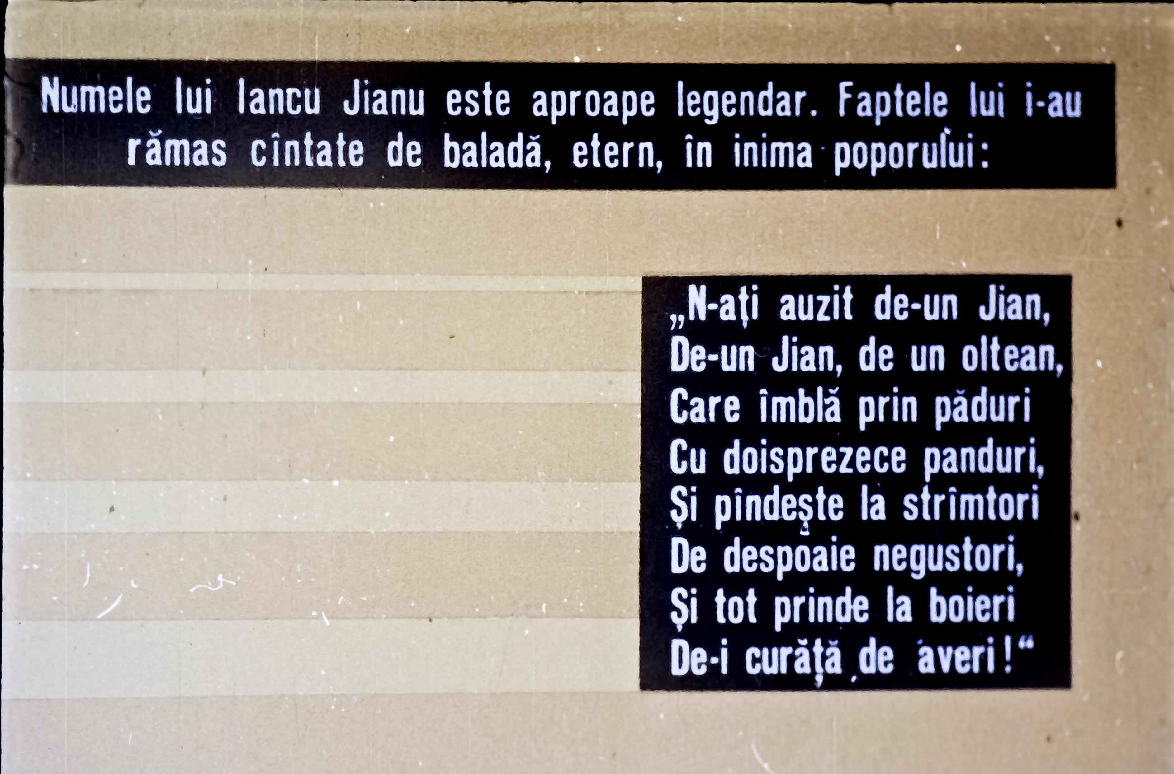 Text despre Iancu Jianu și faptele sale legendare, însoțit de un fragment de baladă.