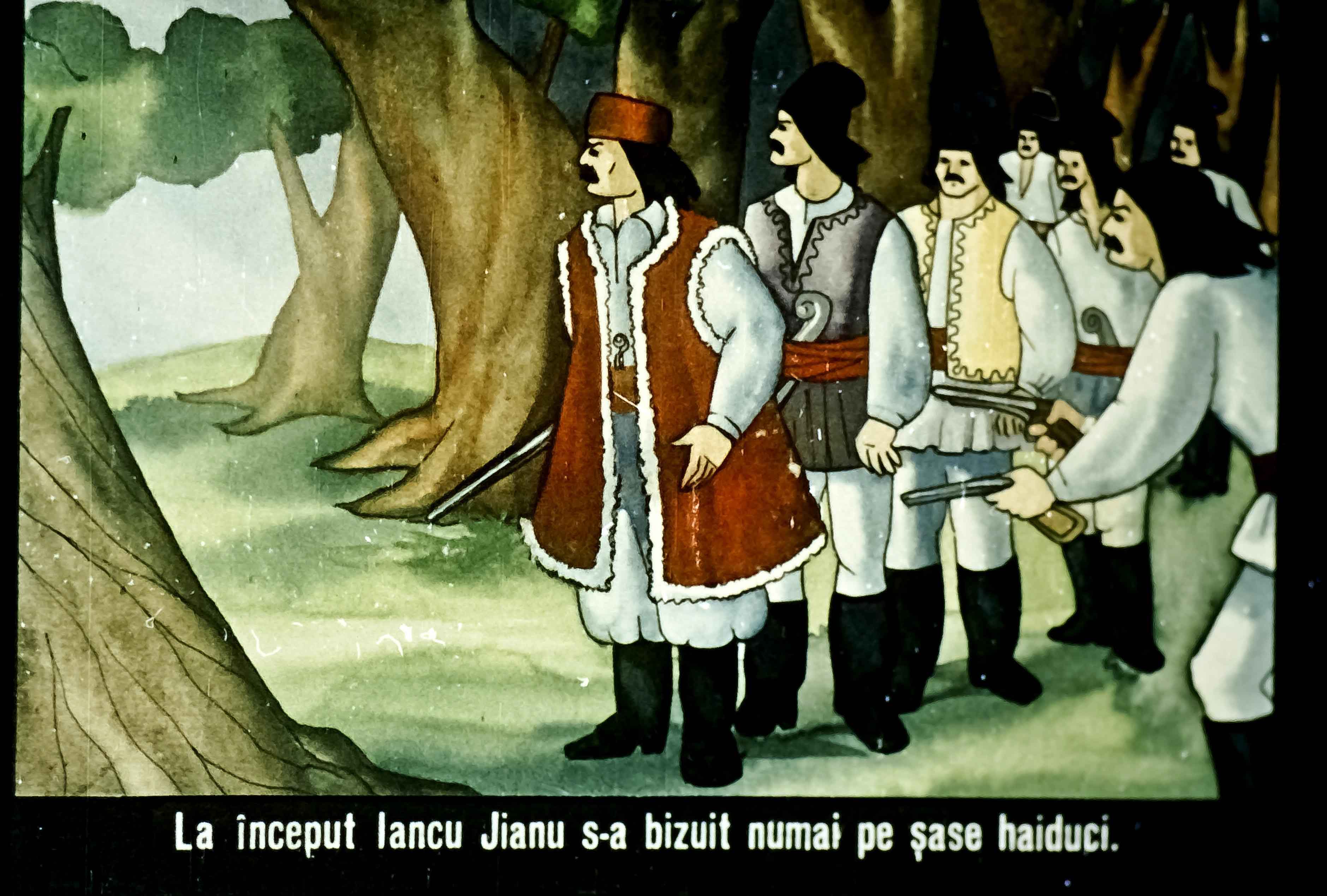 Imagine cu șase haiduci și un lider într-o pădure, ilustrând o scenă narativă.